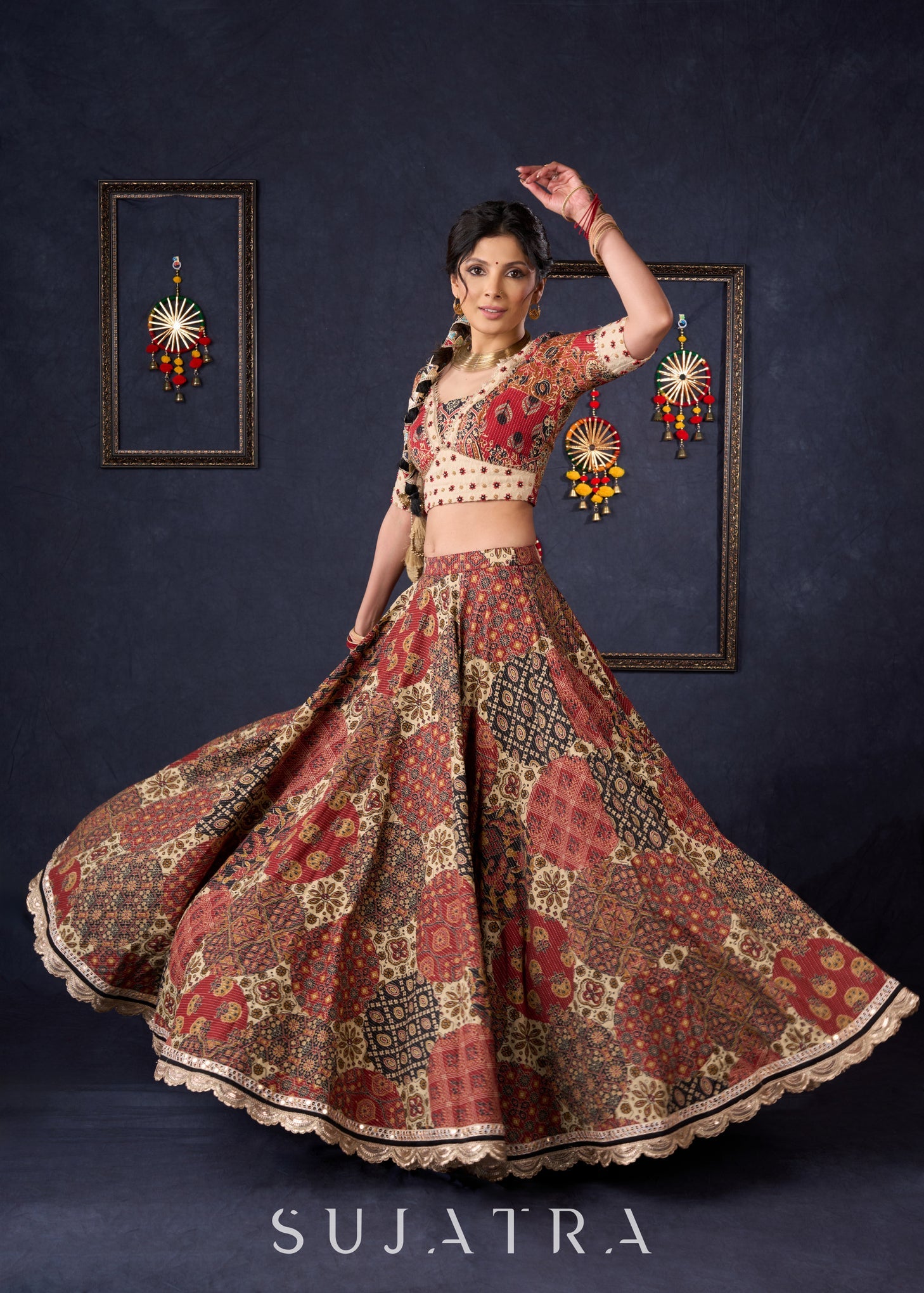 Elegant Maroon Printed Kantha Lehenga With Matching Blouse & Embroidered Dupatta .