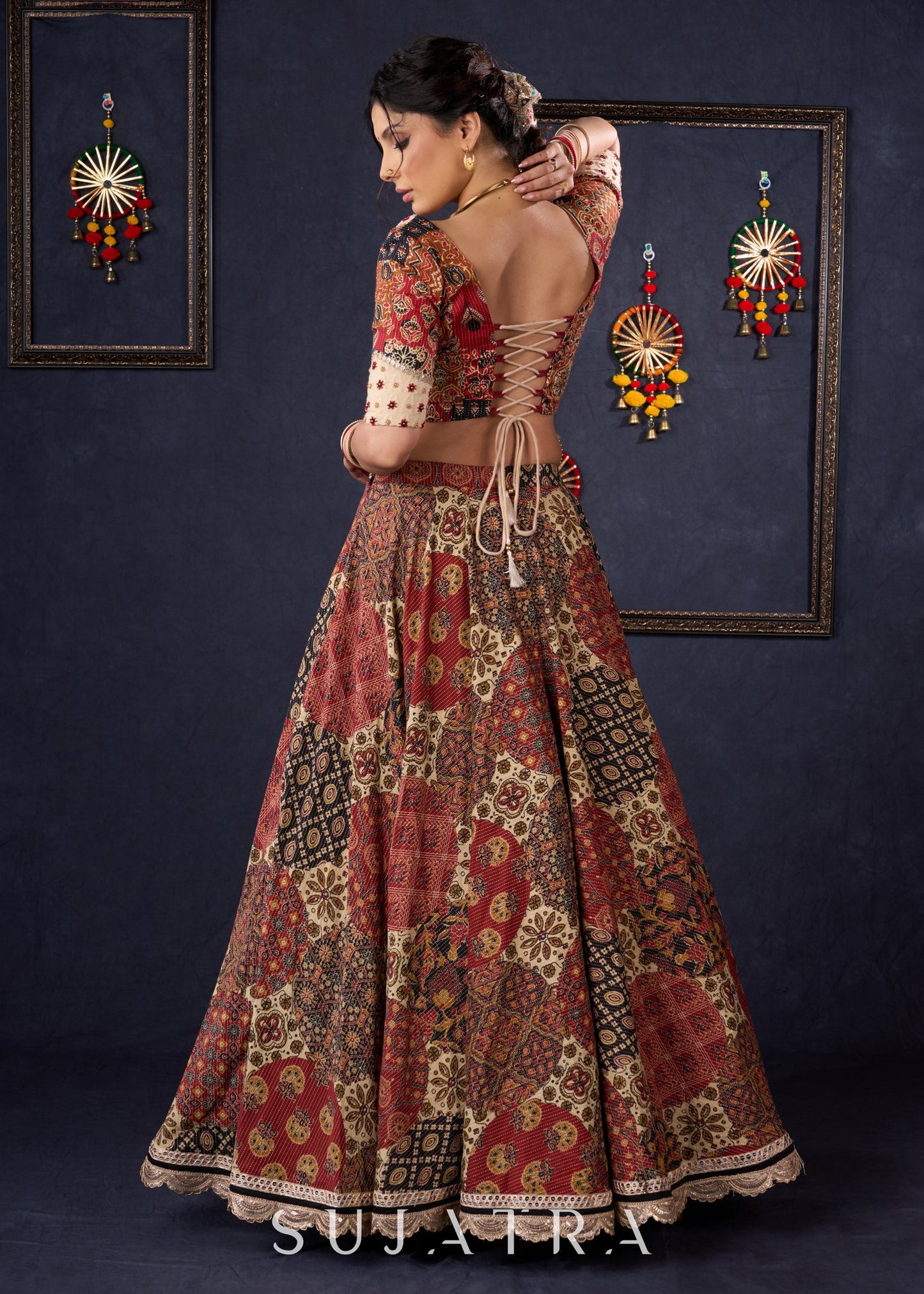 Elegant Maroon Printed Kantha Lehenga With Matching Blouse & Embroidered Dupatta .