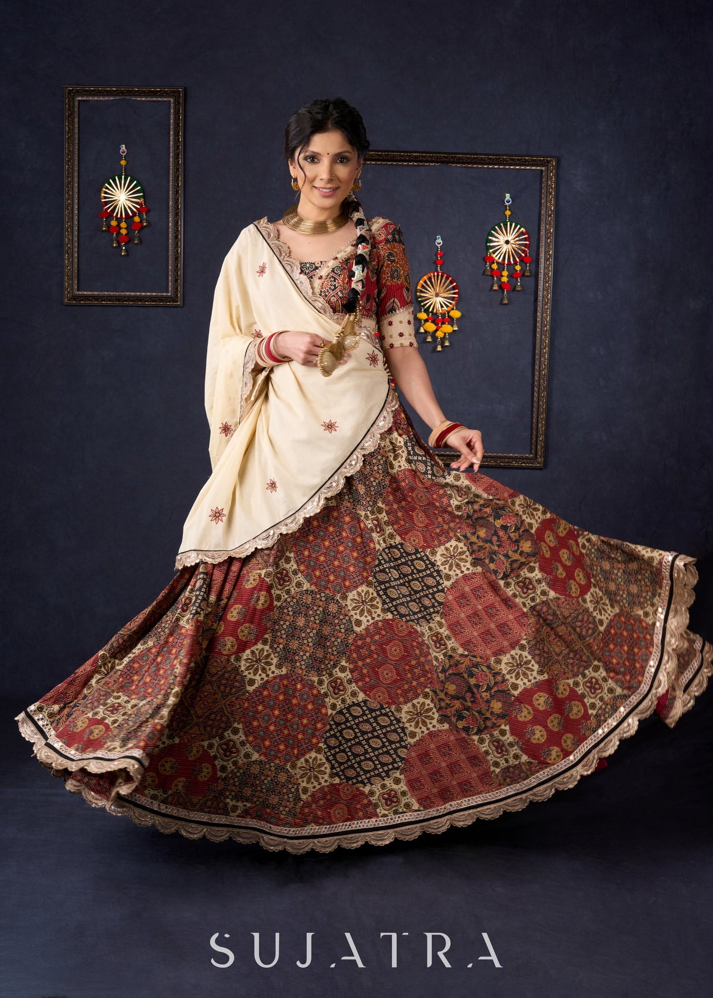 Elegant Maroon Printed Kantha Lehenga With Matching Blouse & Embroidered Dupatta .