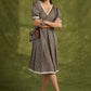 Chequered Cotton V Neck Cotton Dress With Lace Accents