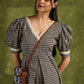 Chequered Cotton V Neck Cotton Dress With Lace Accents