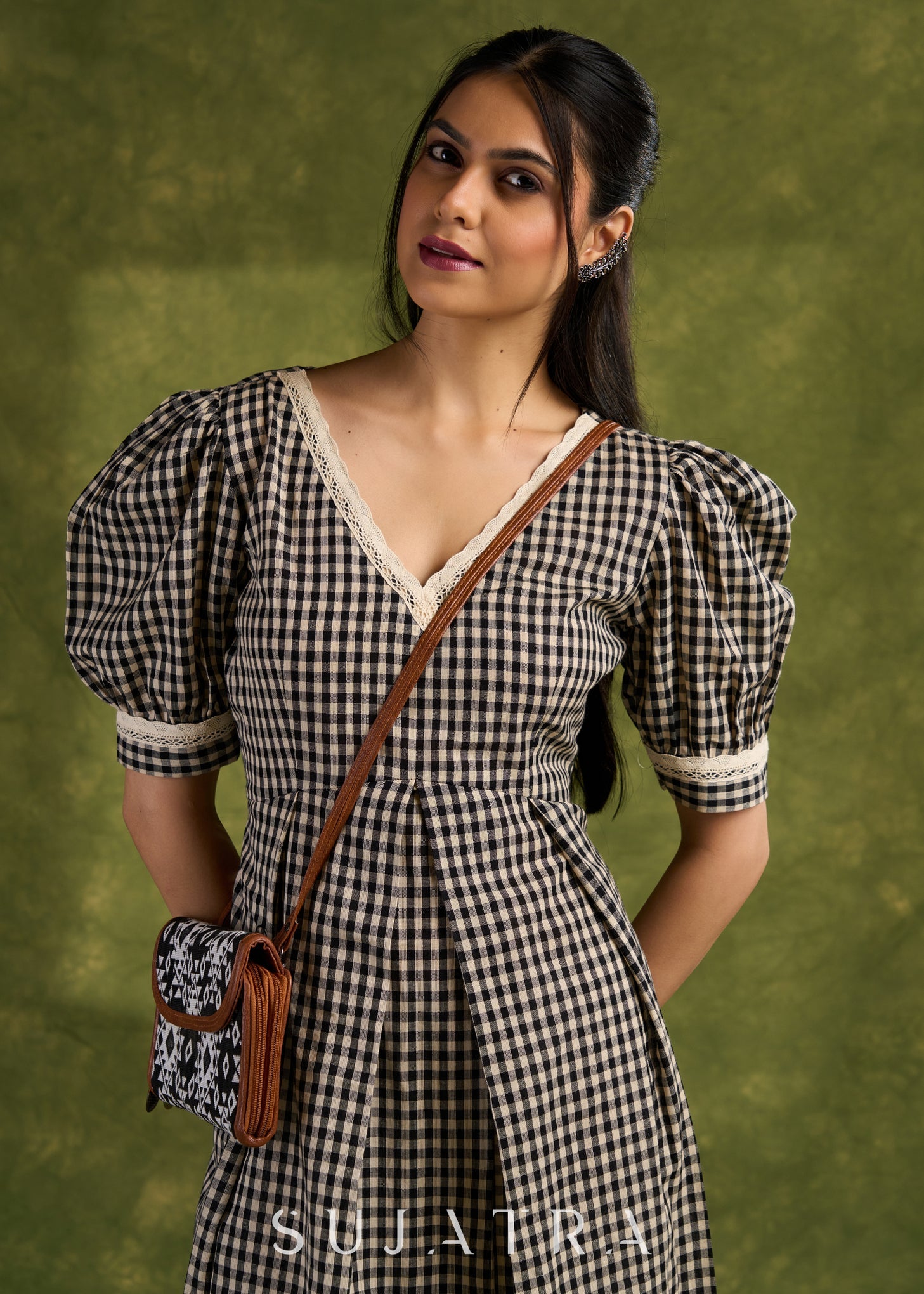 Chequered Cotton V Neck Cotton Dress With Lace Accents