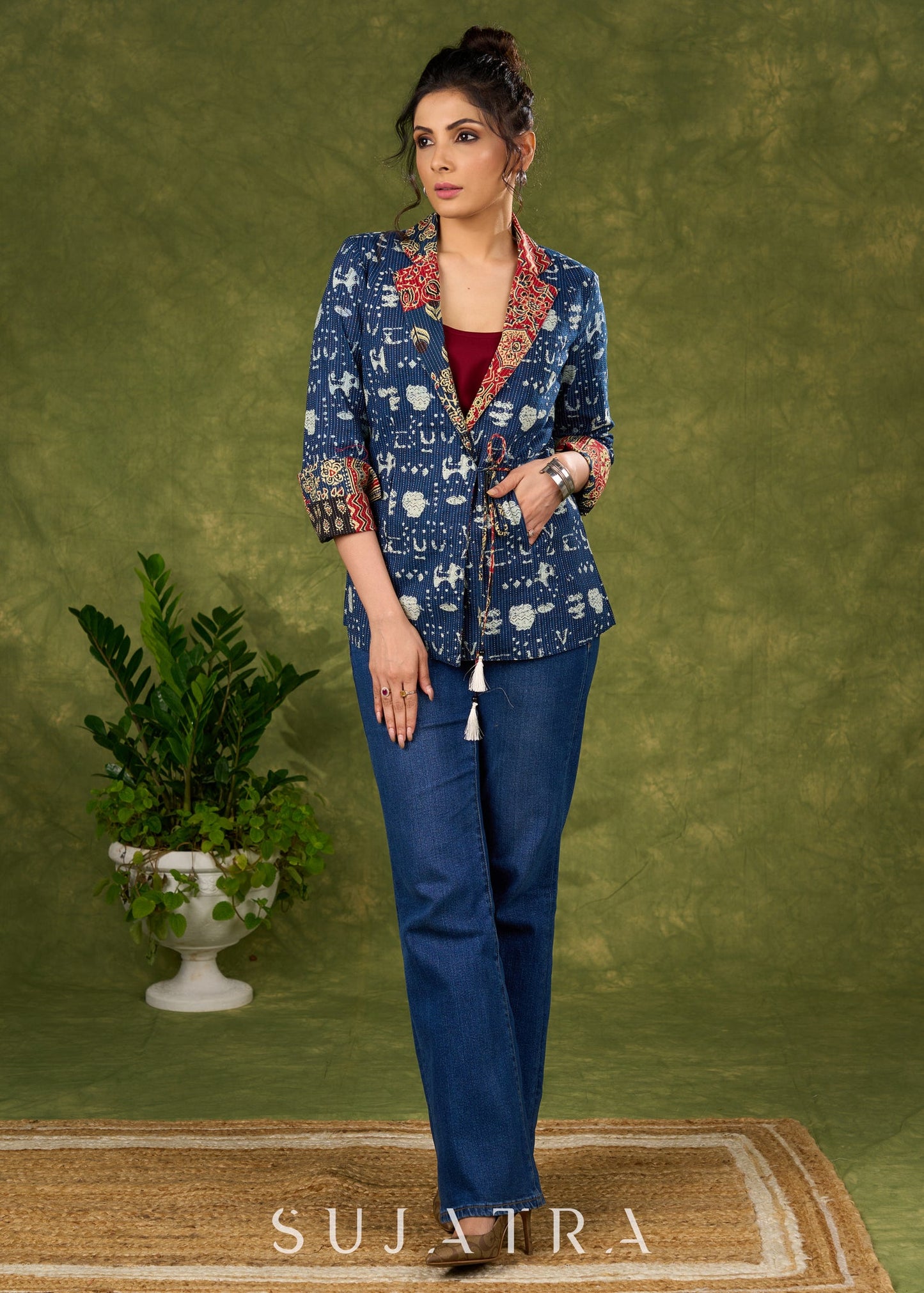 Chic Navy Blue Kantha Jacket With Contrasting Collar For A “Stylish Twist”   Inner Optional