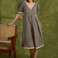 Chequered Cotton V Neck Cotton Dress With Lace Accents