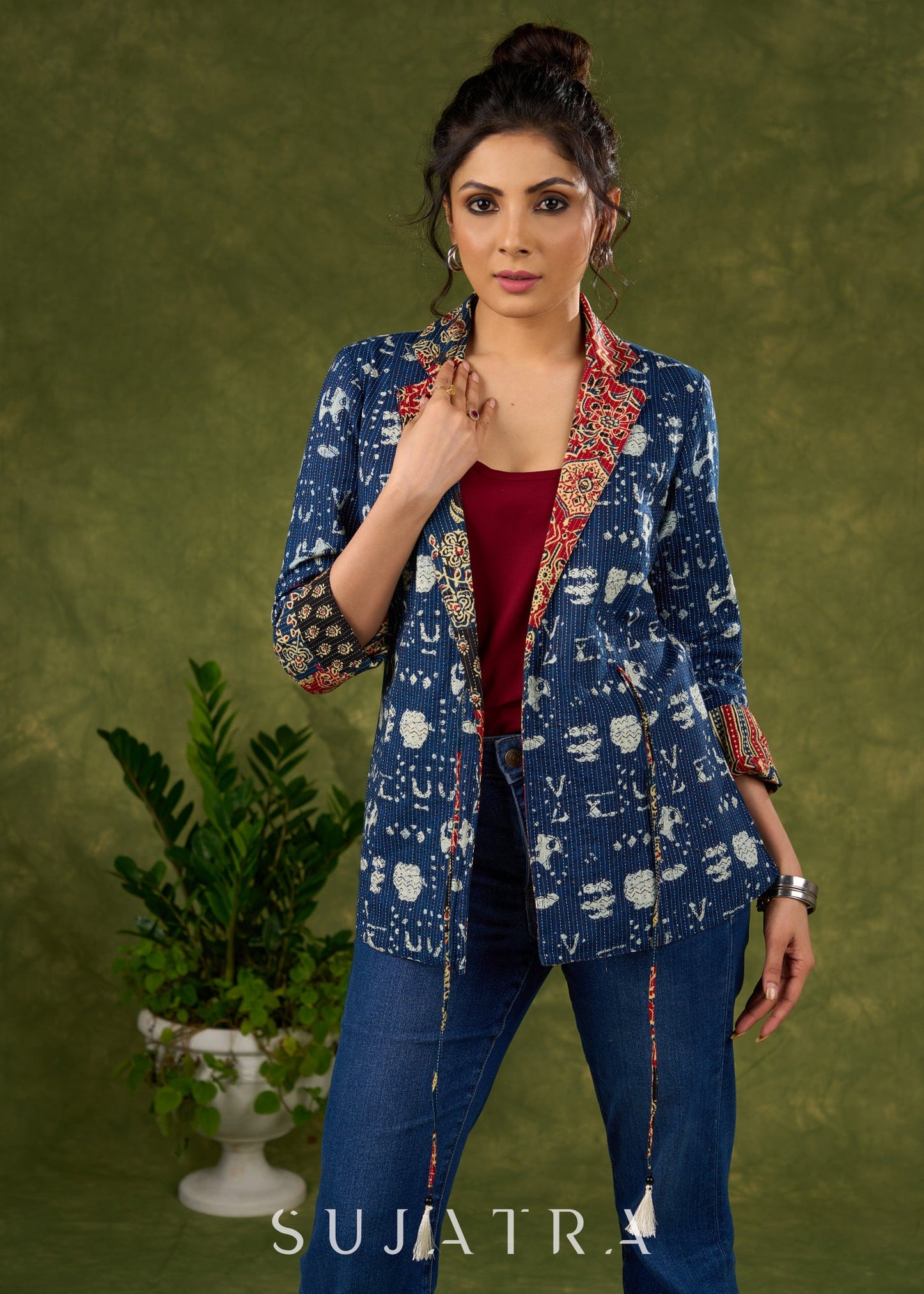 Chic Navy Blue Kantha Jacket With Contrasting Collar For A “Stylish Twist”   Inner Optional