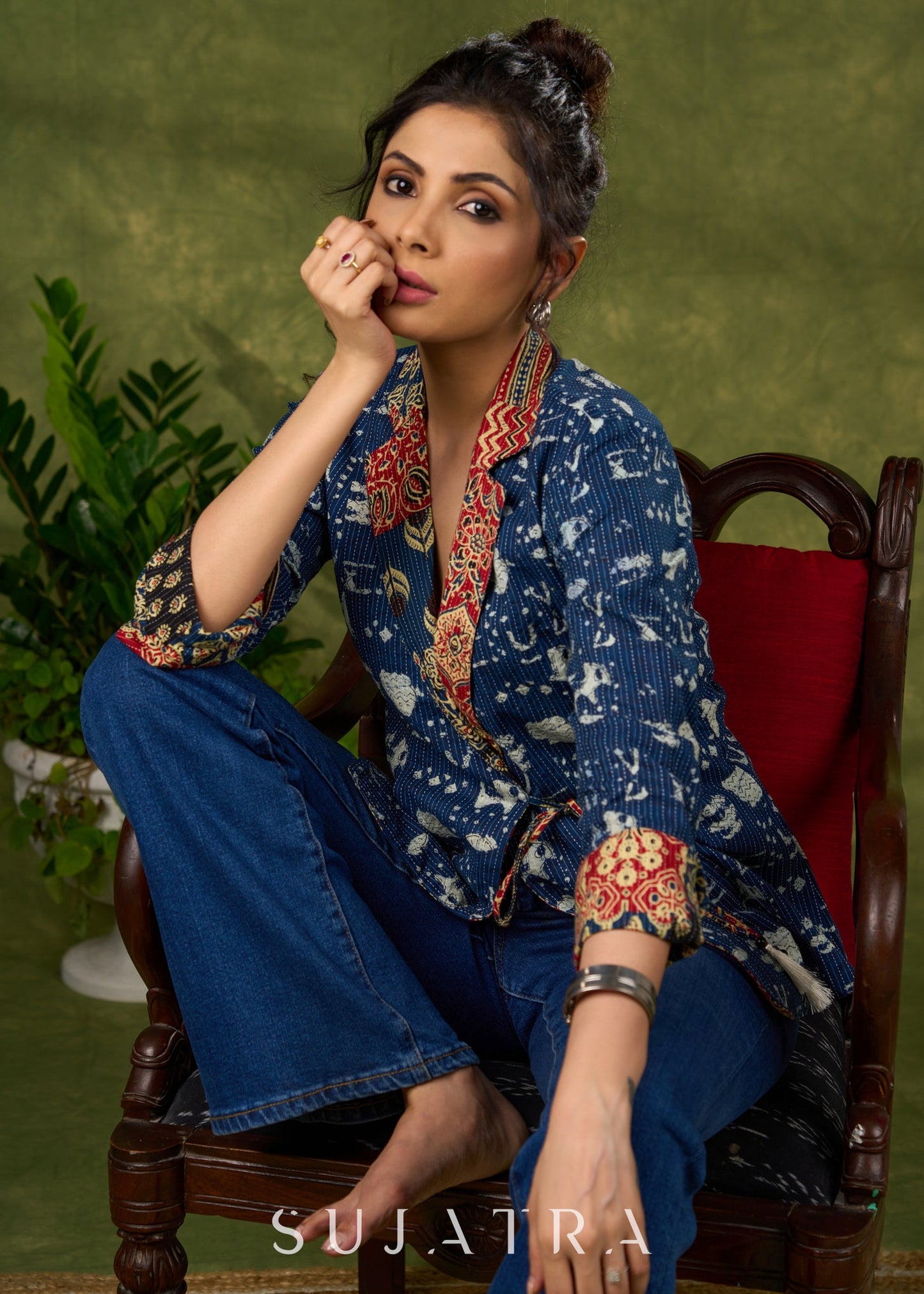 Chic Navy Blue Kantha Jacket With Contrasting Collar For A “Stylish Twist”   Inner Optional