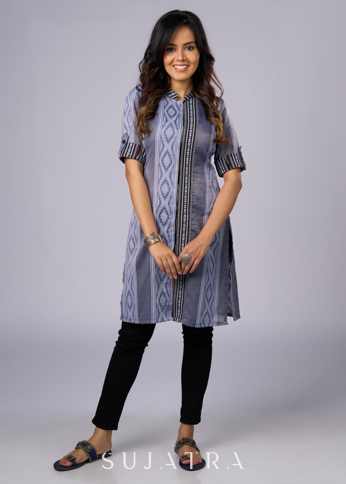 Elegant Grey Cotton Tunic with Ikat Details