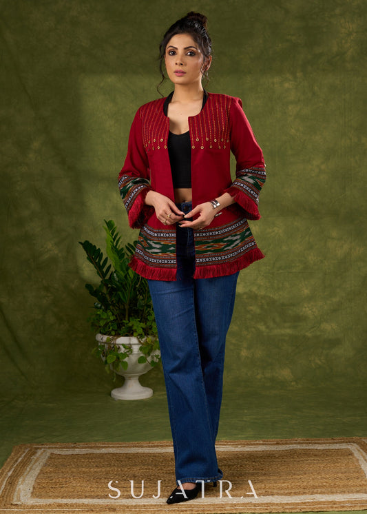 Global Glamour : Maroon Embroidered Cotton Jacket With Intricate Ikat Trim & Statement Buttons