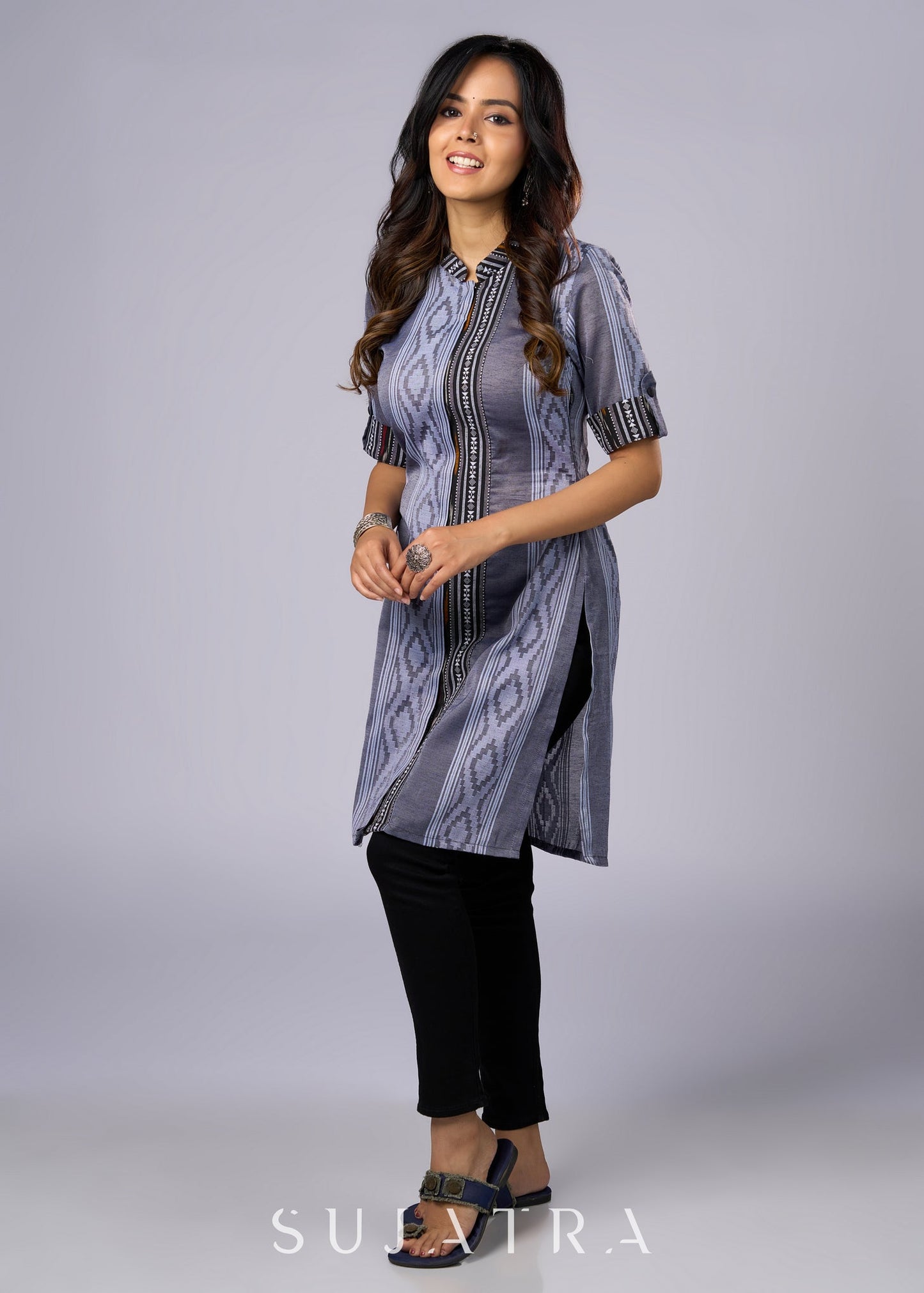 Elegant Grey Cotton Tunic with Ikat Details