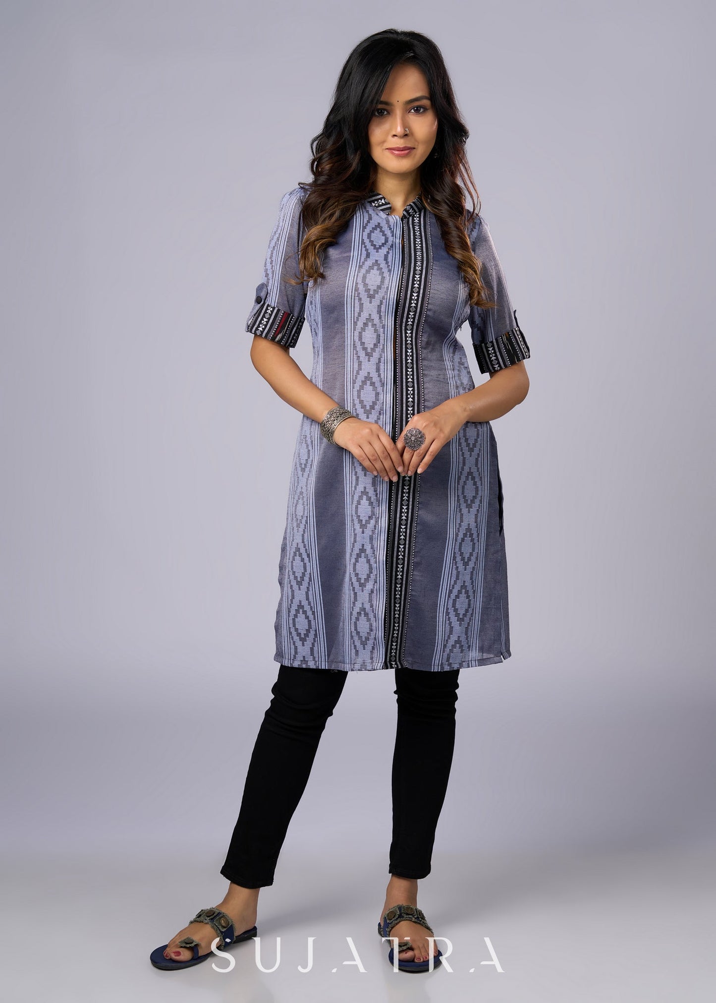 Elegant Grey Cotton Tunic with Ikat Details