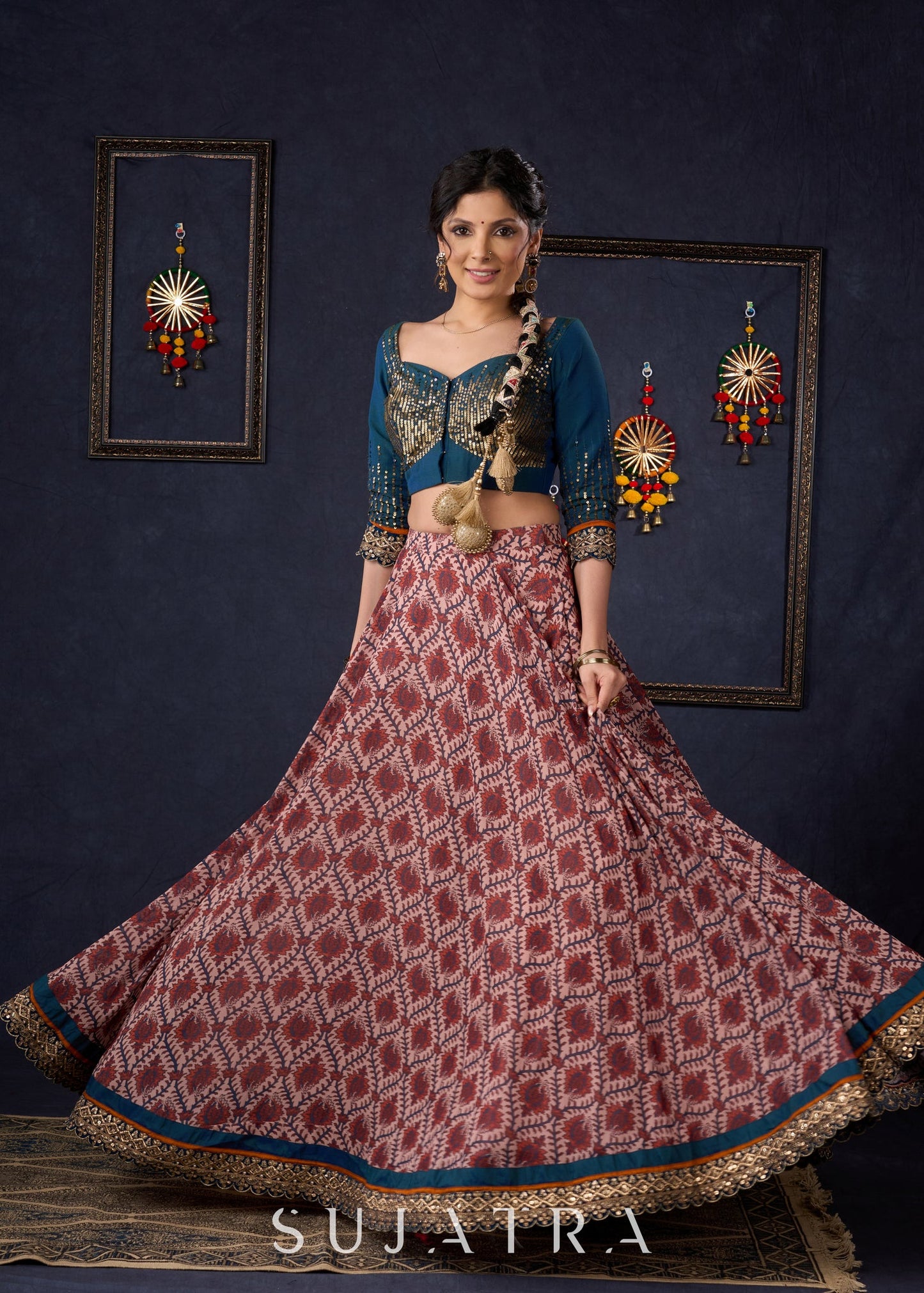 Graceful Printed Lehenga With Gold Embroidered Blouse & Matching Dupatta.