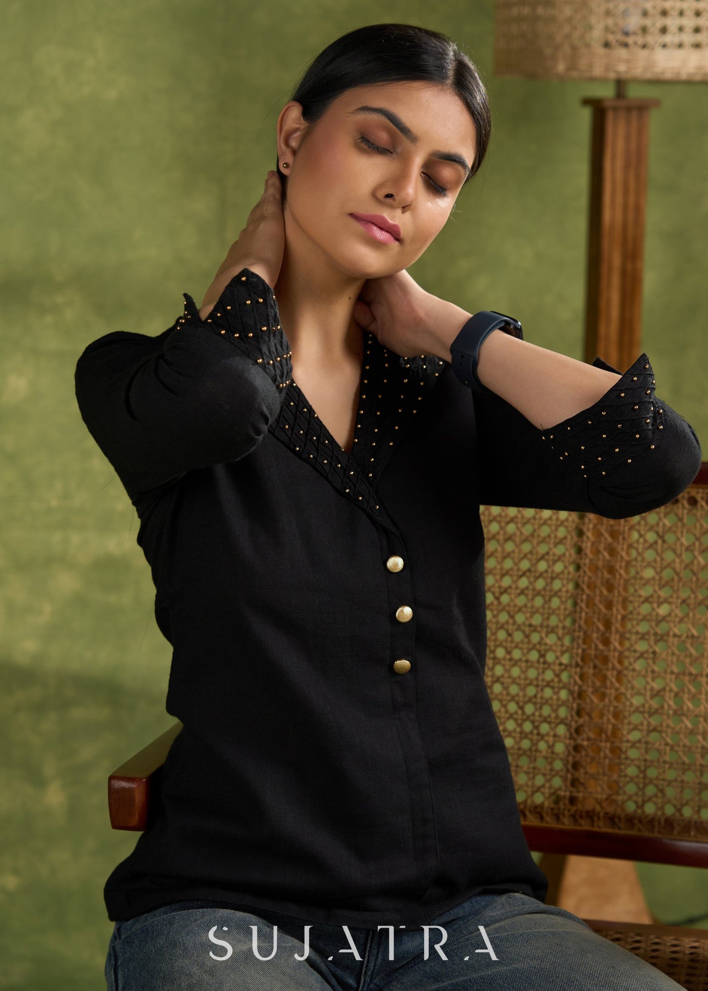 Black Cotton Silk Top With Hand Embellished Reverse Collar