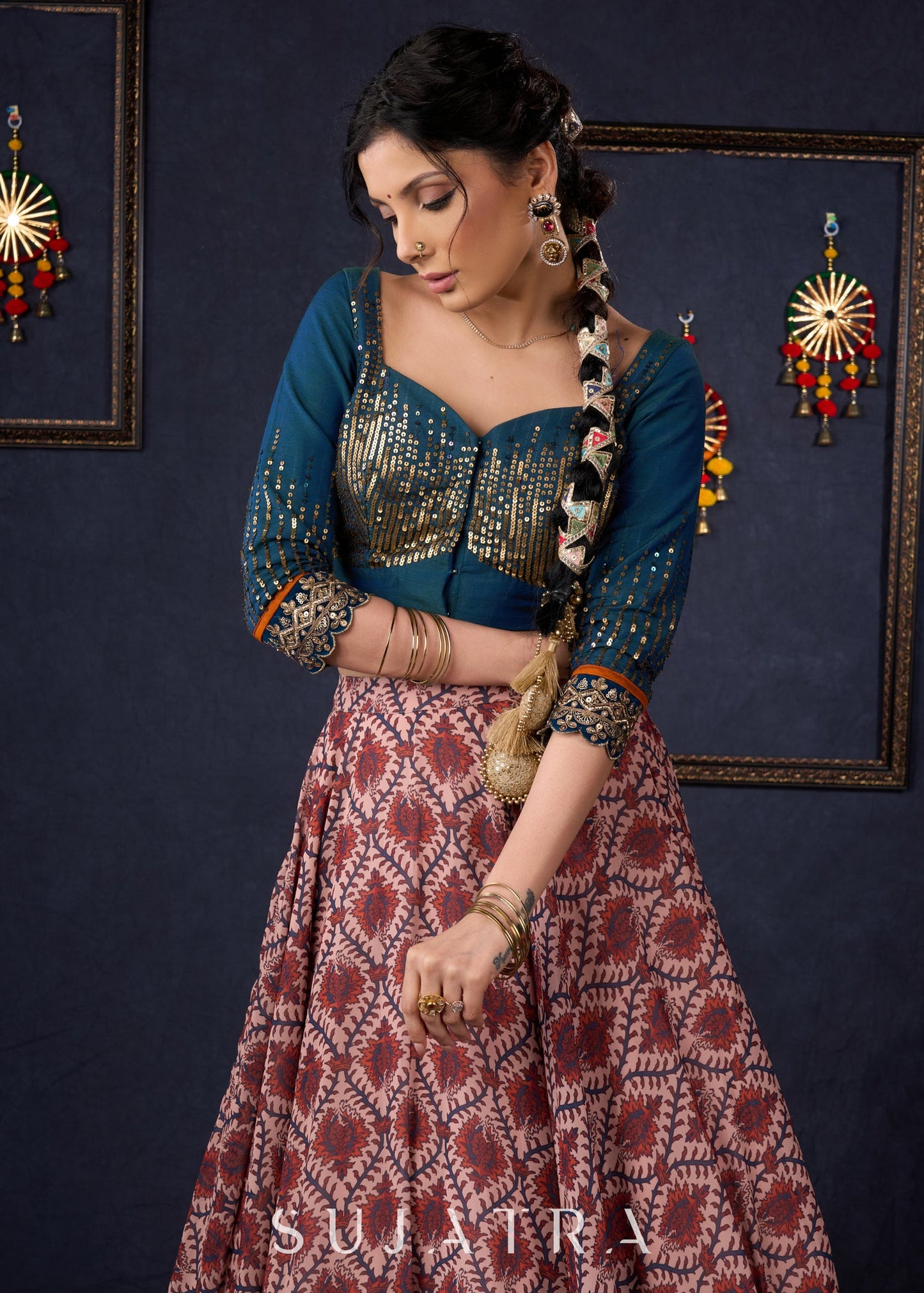 Graceful Printed Lehenga With Gold Embroidered Blouse & Matching Dupatta.