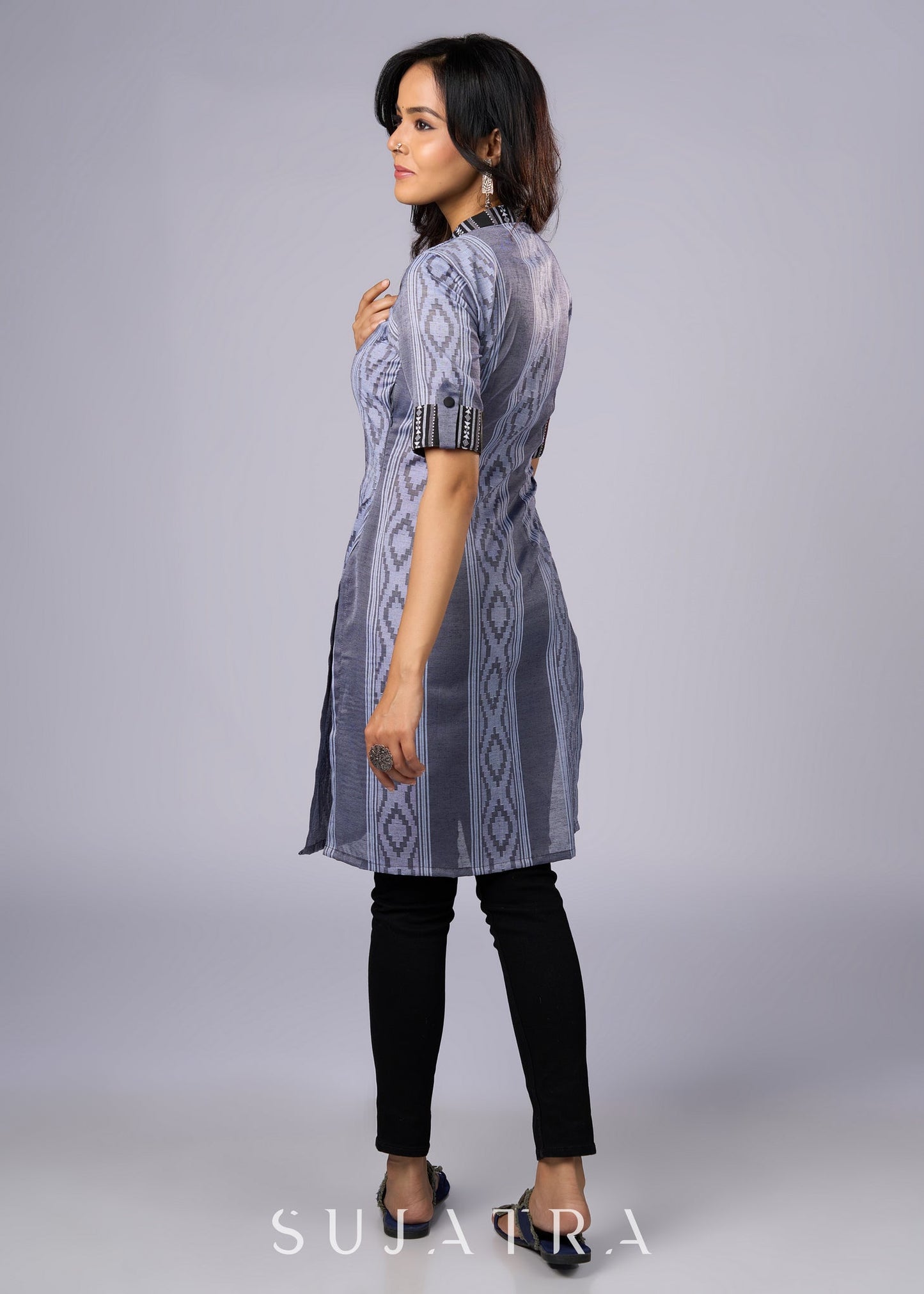 Elegant Grey Cotton Tunic with Ikat Details