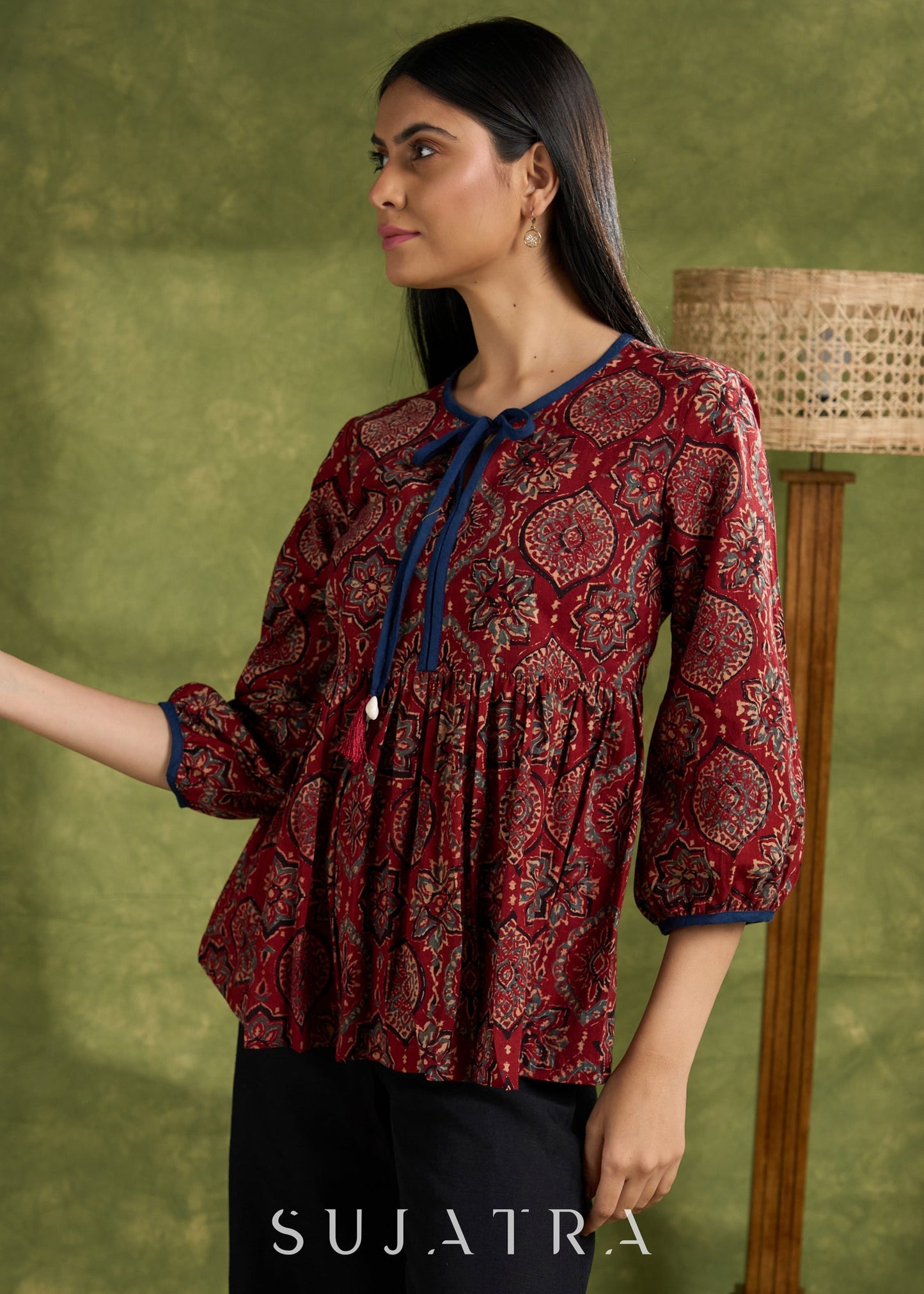 Maroon Cotton Hand Blocked Ajrakh Top