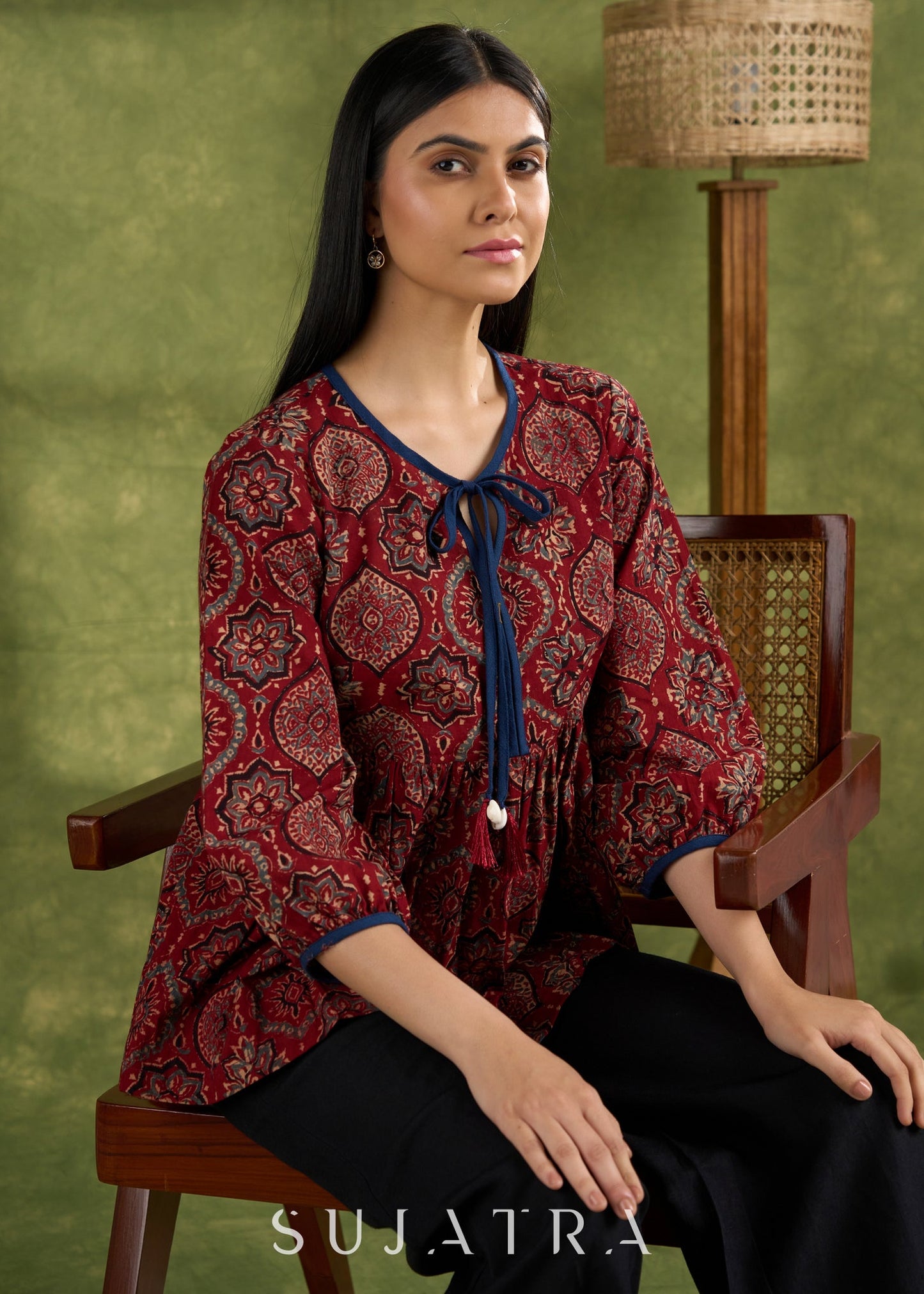 Maroon Cotton Hand Blocked Ajrakh Top