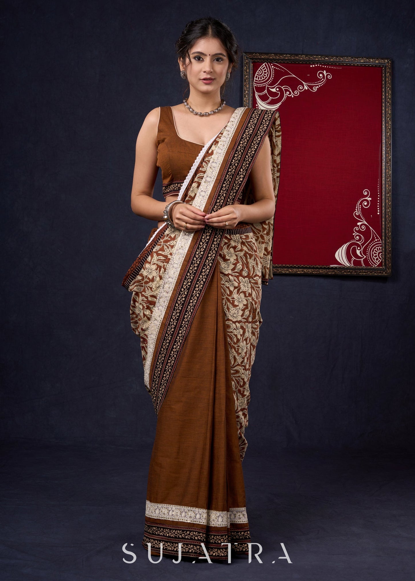 Combination of Exclusive hand block Fakira Print & Dark Rust Handloom Cotton Saree