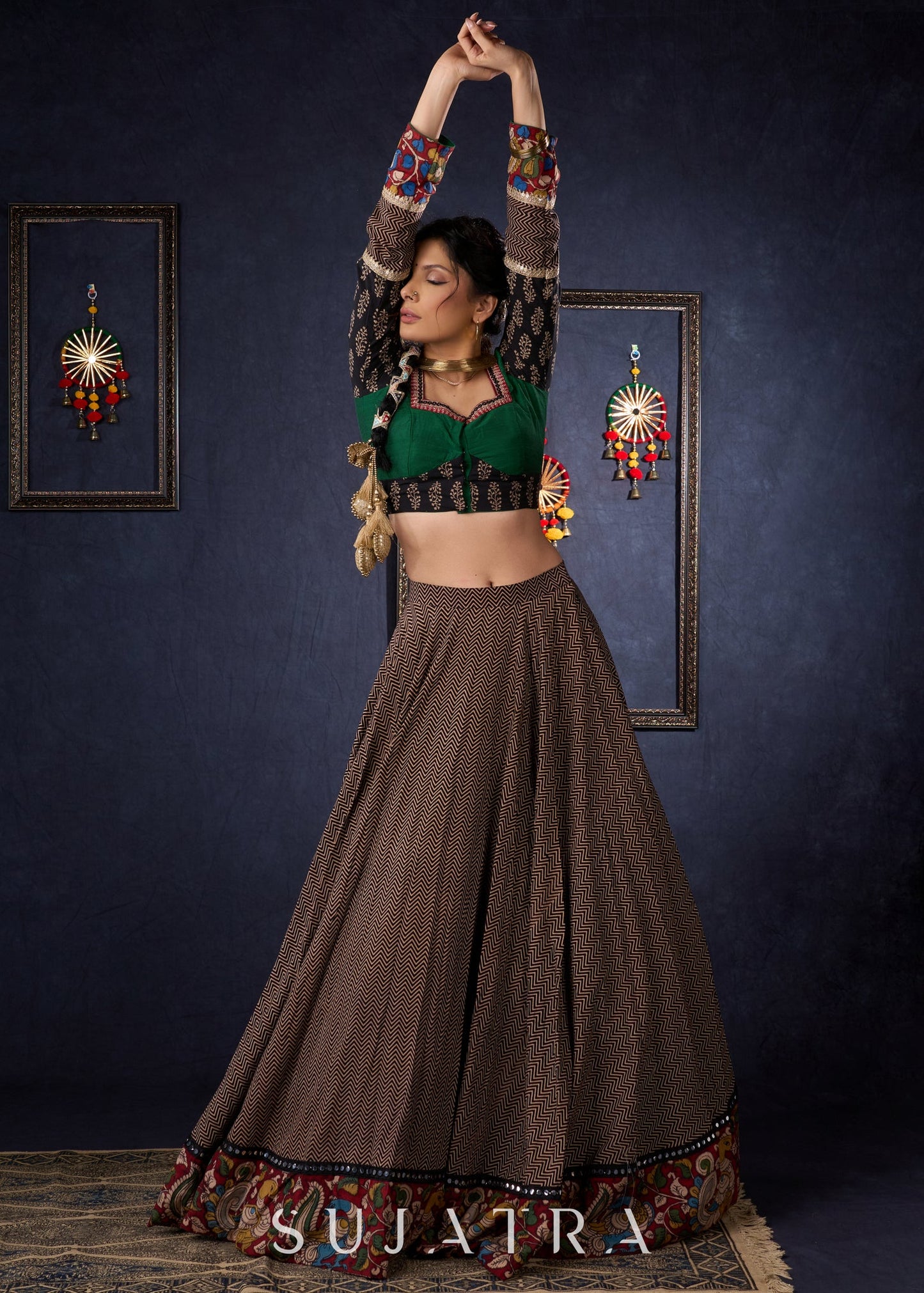 Elegant Ajrakh & Kalamkari Lehenga With Matching Blouse & Dupatta.