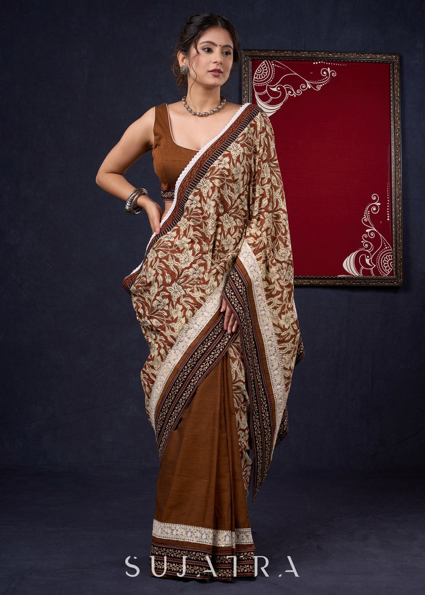 Combination of Exclusive hand block Fakira Print & Dark Rust Handloom Cotton Saree