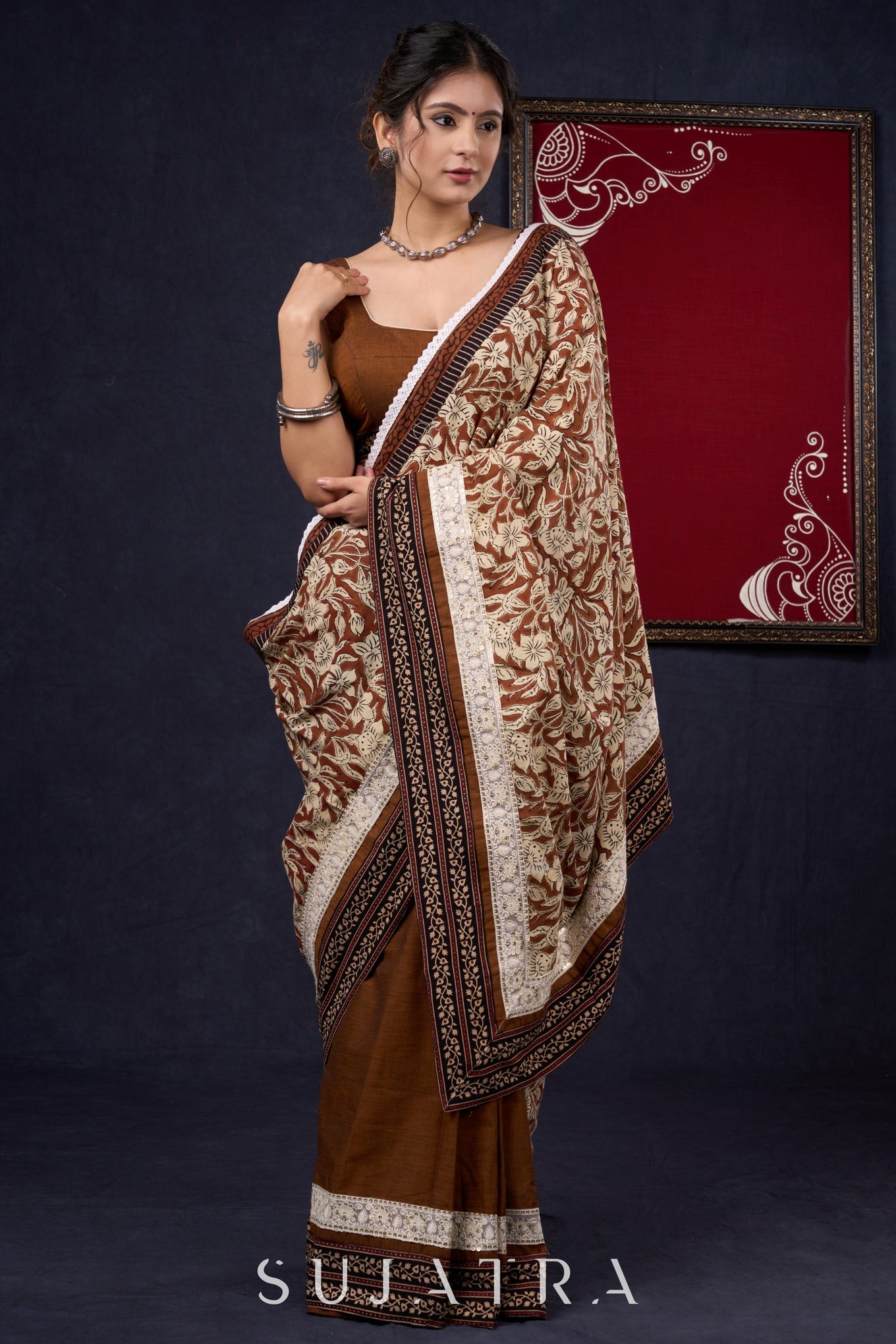 Combination of Exclusive hand block Fakira Print & Dark Rust Handloom Cotton Saree