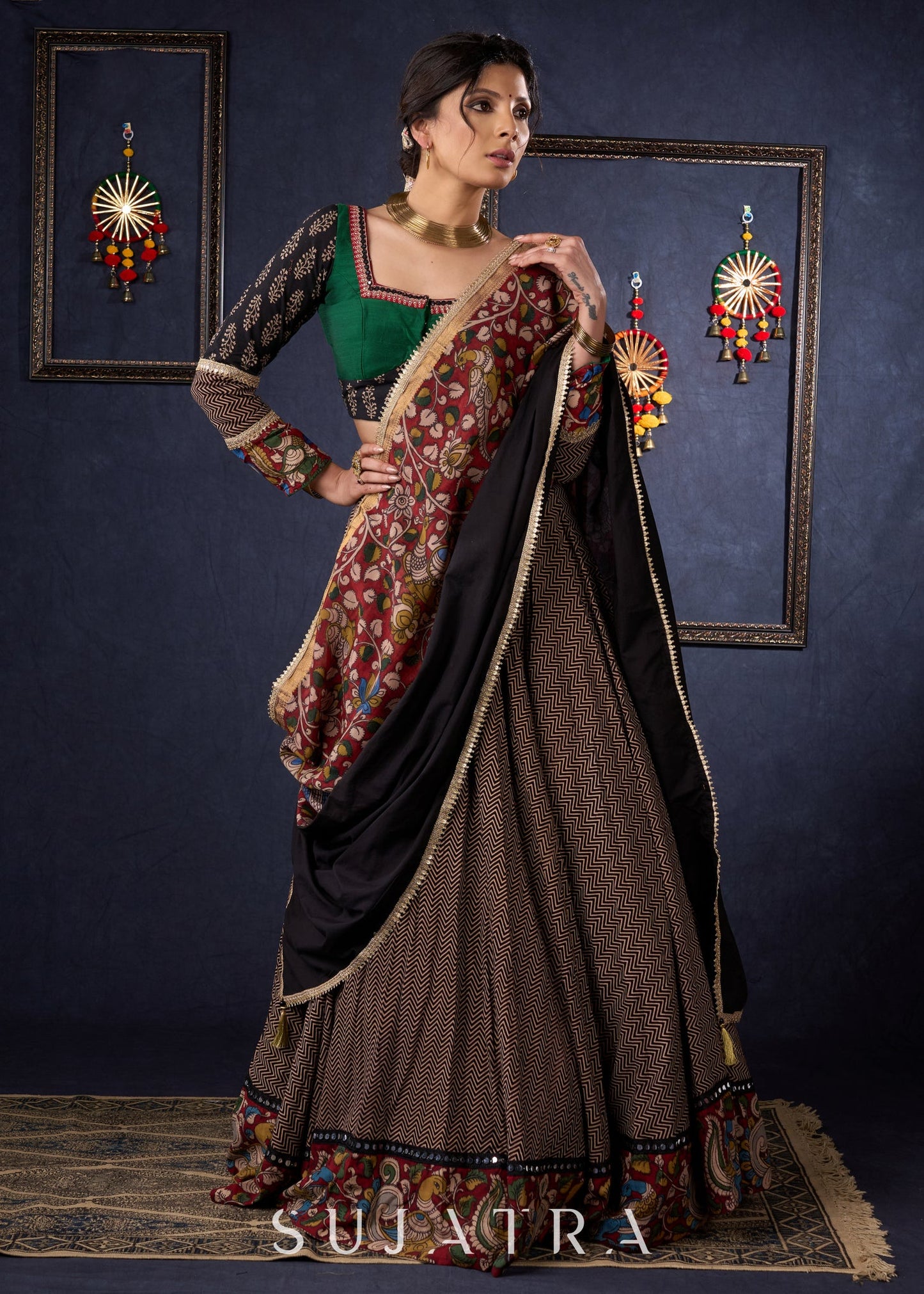 Elegant Ajrakh & Kalamkari Lehenga With Matching Blouse & Dupatta.