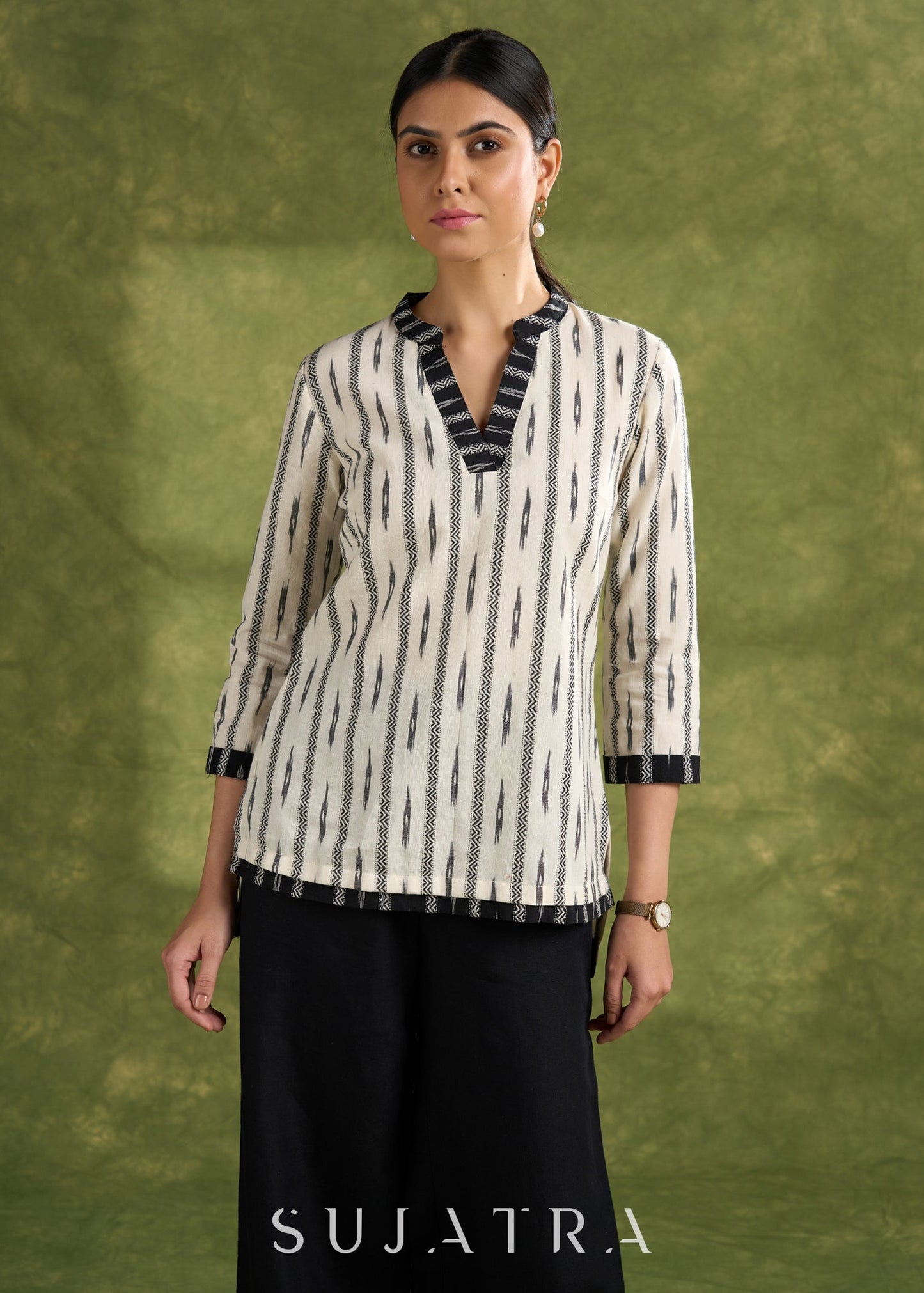 Black And White Cotton Ikat Combination Top