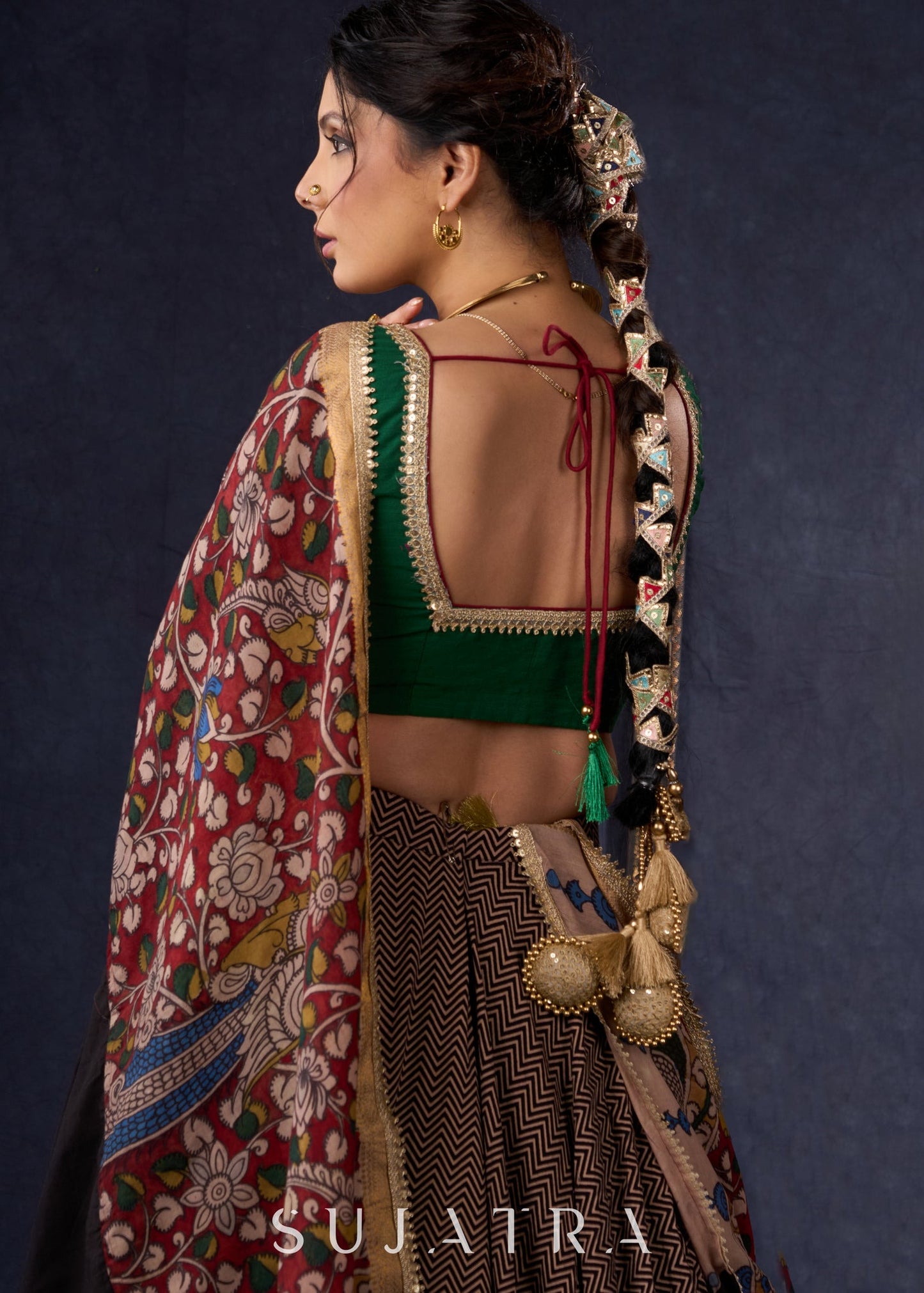 Elegant Ajrakh & Kalamkari Lehenga With Matching Blouse & Dupatta.