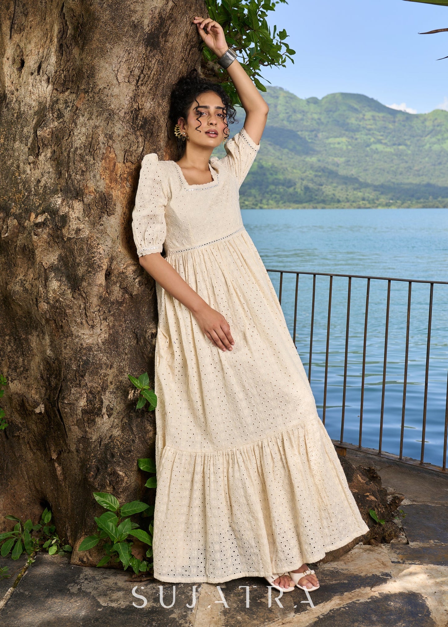 Graceful off white hakoba dress highlighted with mirror & macrame laces