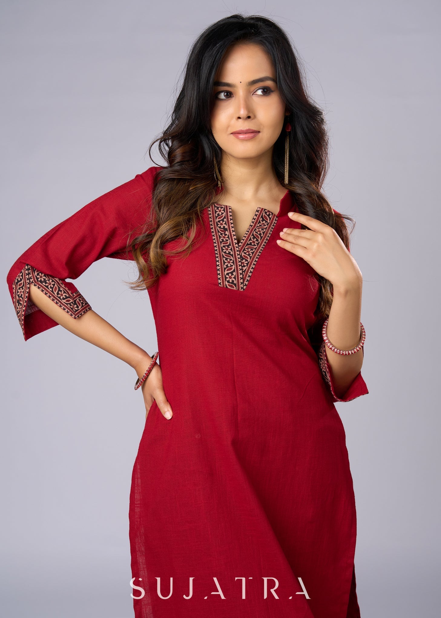 Maroon Cotton Tunic Beautifully Combined with Vibrant Ajrakh Print