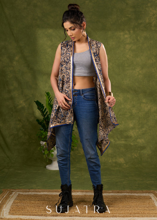 Flowy Grey Kalamkari Floral Asymmetrical Shrug With Delicate Golden Touch For Free Spirited Style