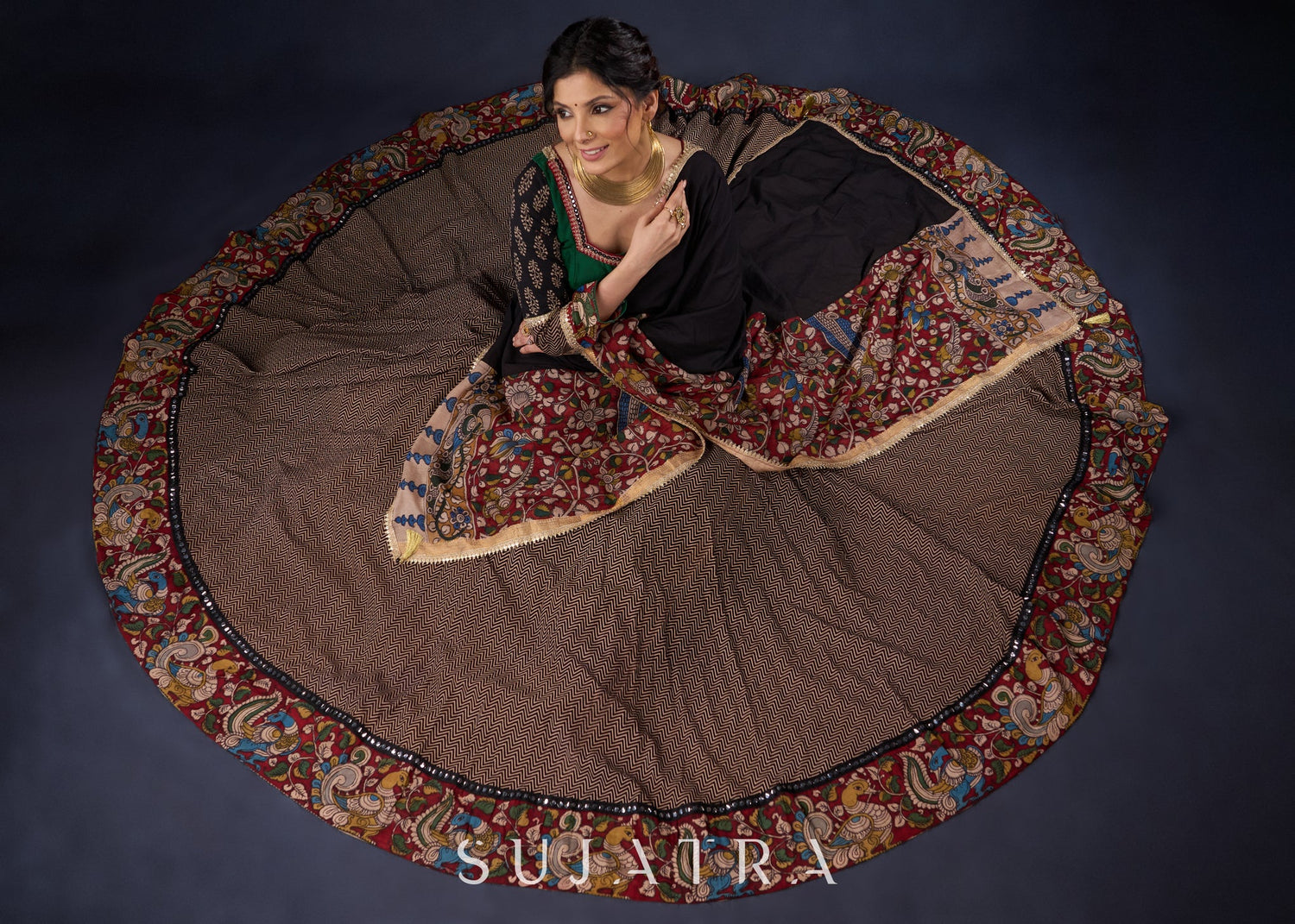 Elegant Ajrakh & Kalamkari Lehenga With Matching Blouse & Dupatta.