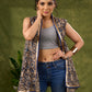 Flowy Grey Kalamkari Floral Asymmetrical Shrug With Delicate Golden Touch For Free Spirited Style