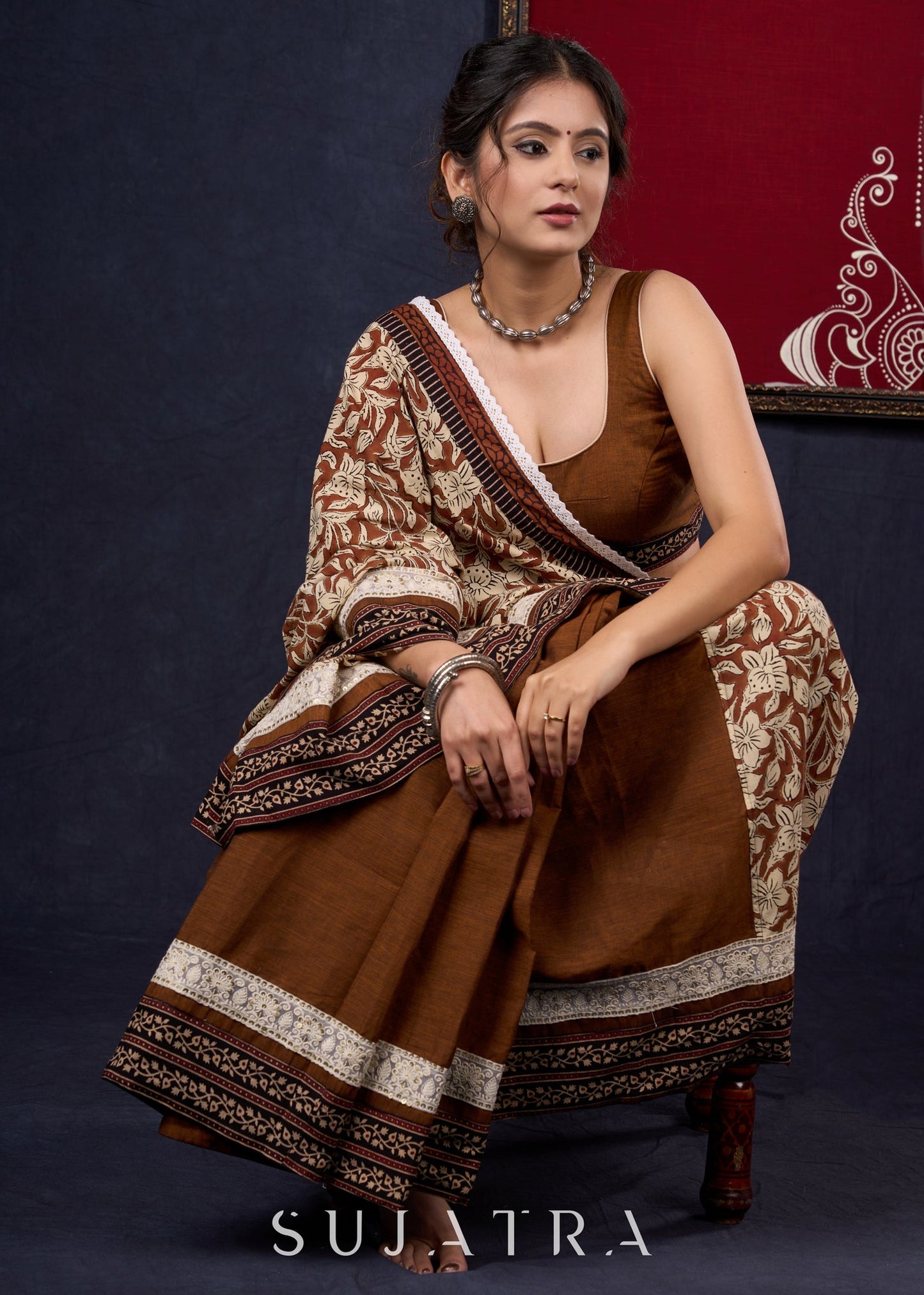 Combination of Exclusive hand block Fakira Print & Dark Rust Handloom Cotton Saree