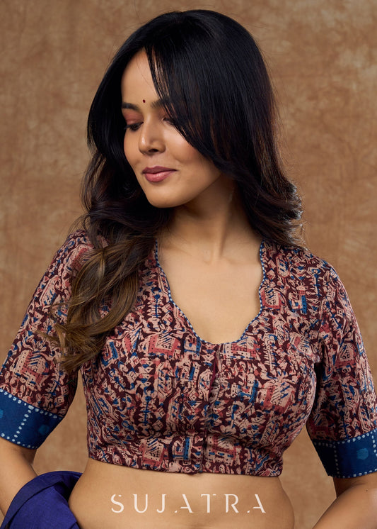 Vintage inspired kalamkari & indigo combination blouse with a modern twist