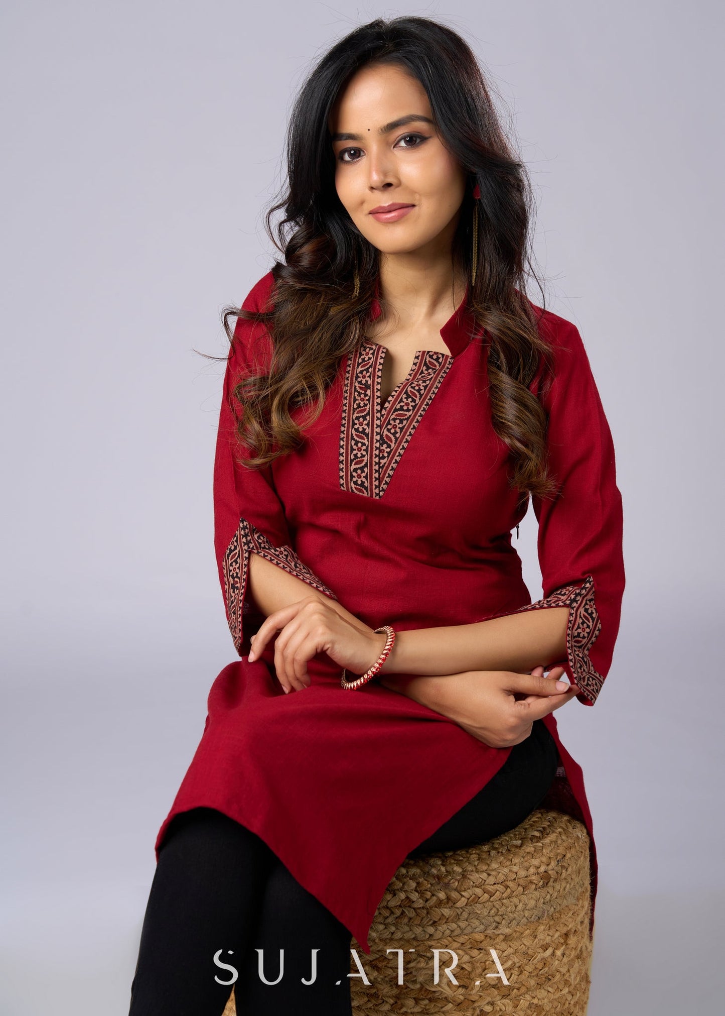 Maroon Cotton Tunic Beautifully Combined with Vibrant Ajrakh Print