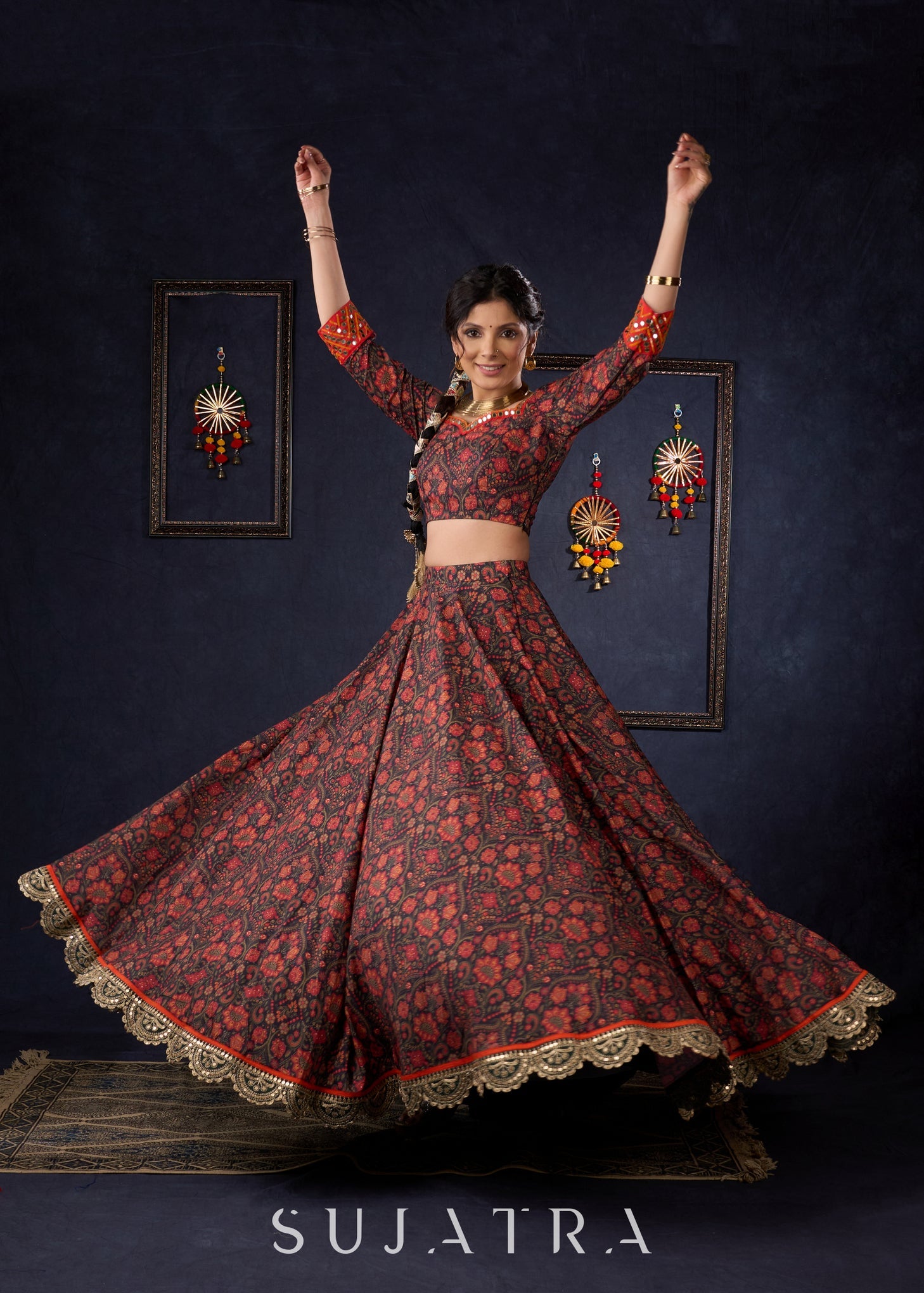 Beautiful Orange Printed Lehenga & Blouse With Mirror Work & Contrast Dupatta.