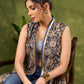 Flowy Grey Kalamkari Floral Asymmetrical Shrug With Delicate Golden Touch For Free Spirited Style