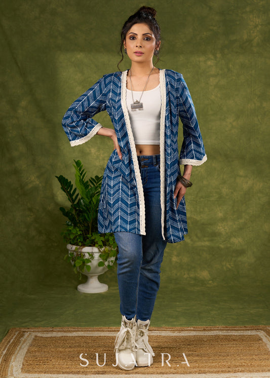 Boho Chic Indigo Blue Shrug With Vibrant Print & Whimsical Laces