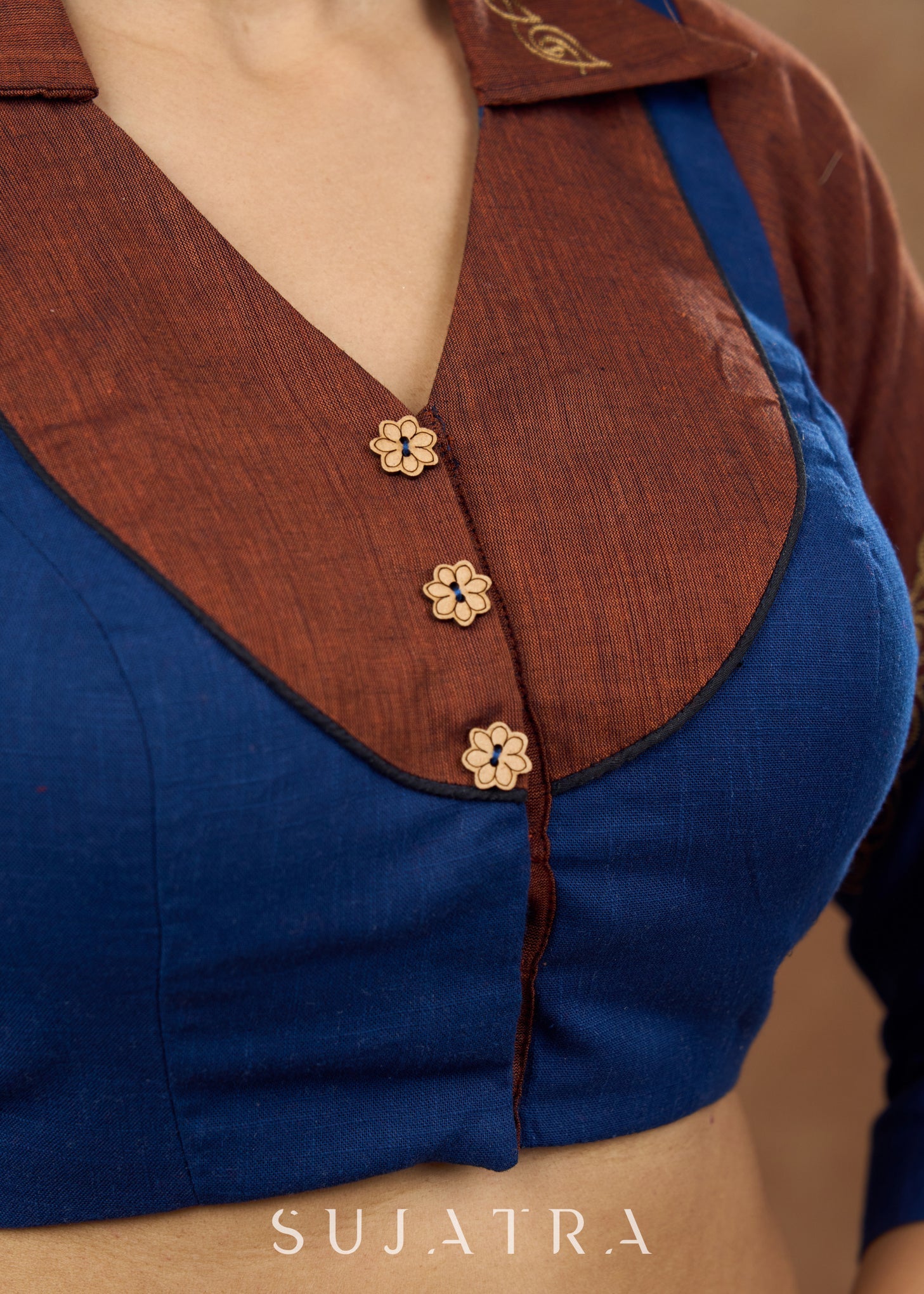 Rust & navy blue cotton blouse with subtle embroidery and a crisp collar for work & formal events