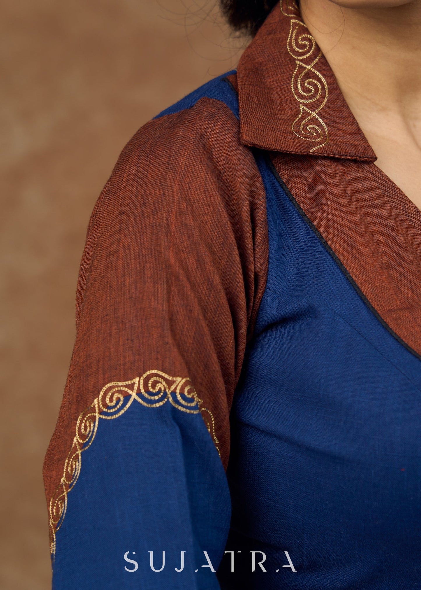 Rust & navy blue cotton blouse with subtle embroidery and a crisp collar for work & formal events