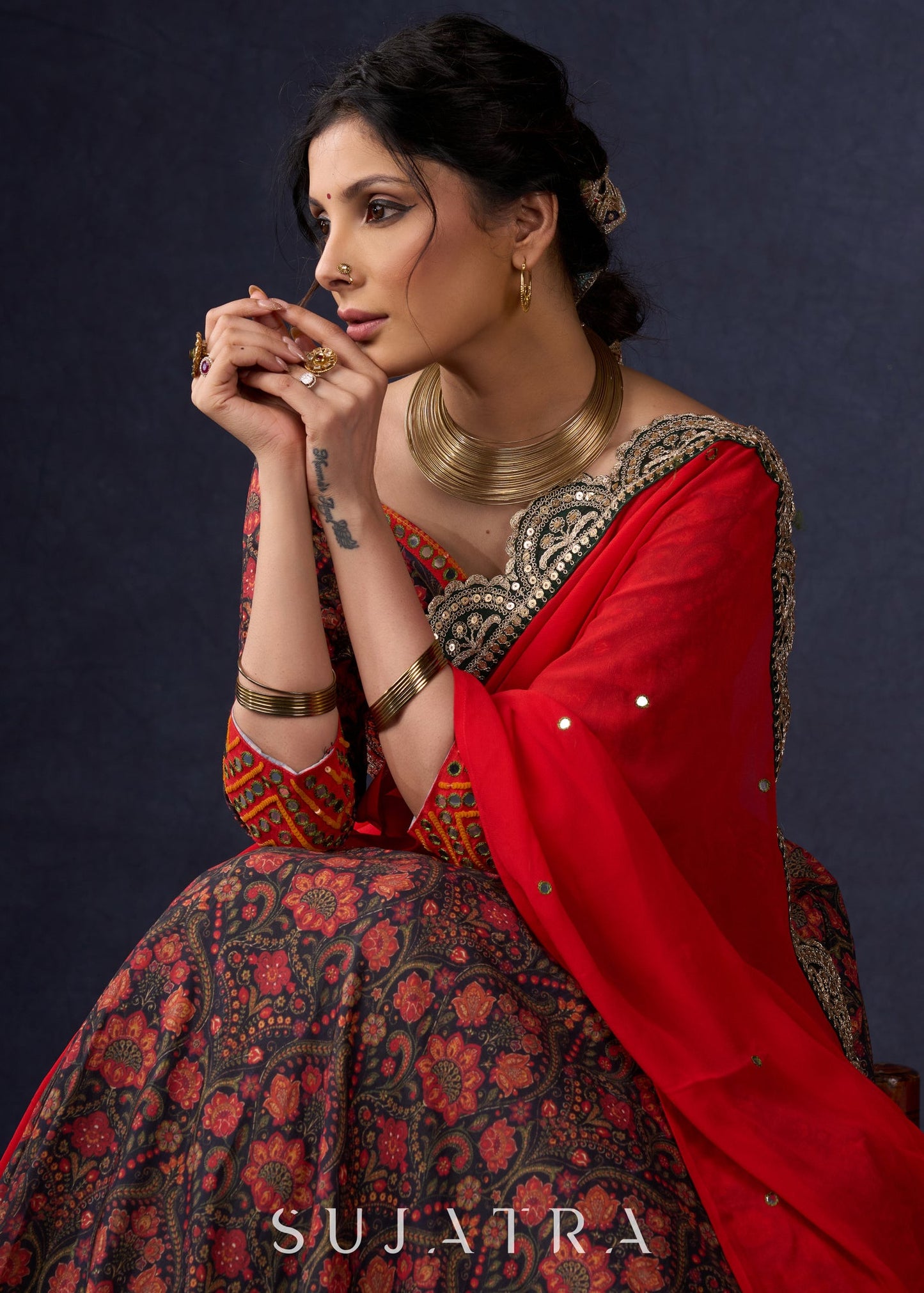 Beautiful Orange Printed Lehenga & Blouse With Mirror Work & Contrast Dupatta.