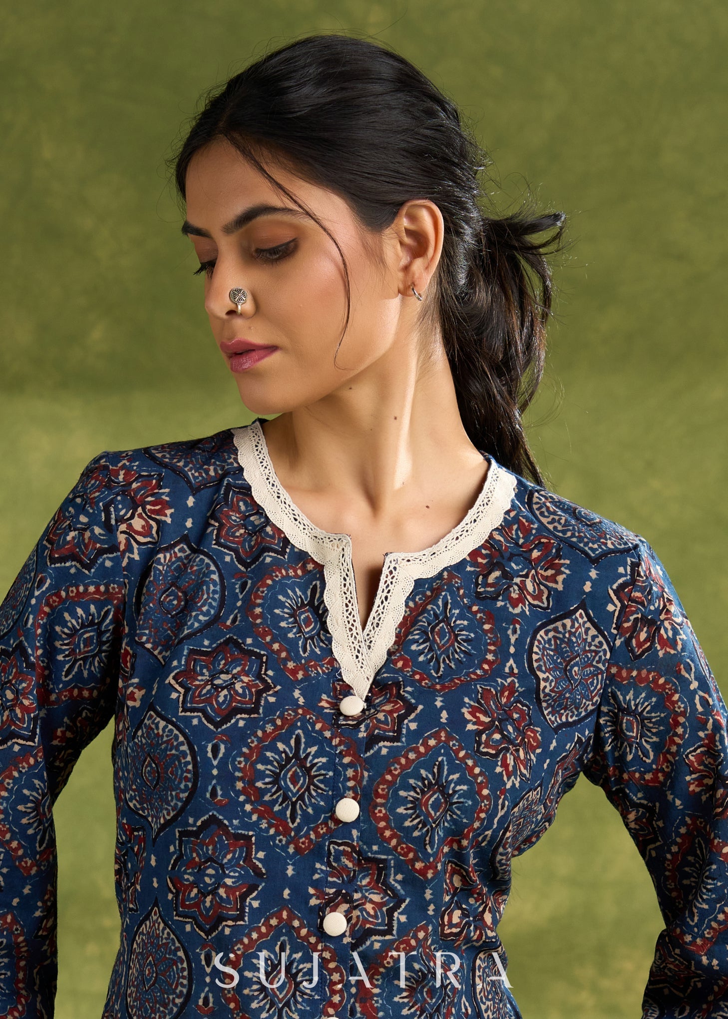 Blue Ajrakh Hand Blocked Cotton Top With Laces - Pant Optional