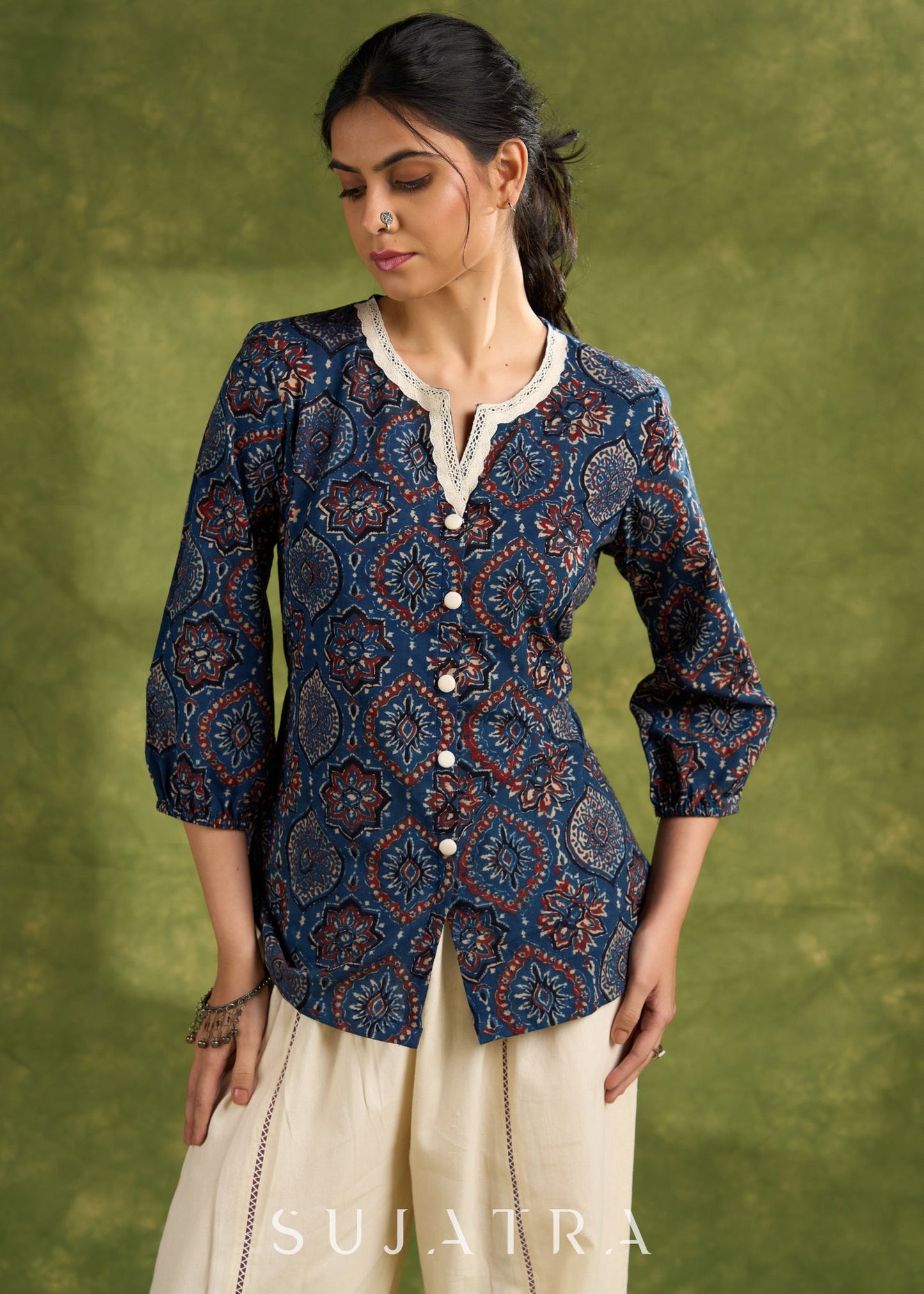 Blue Ajrakh Hand Blocked Cotton Top With Laces - Pant Optional