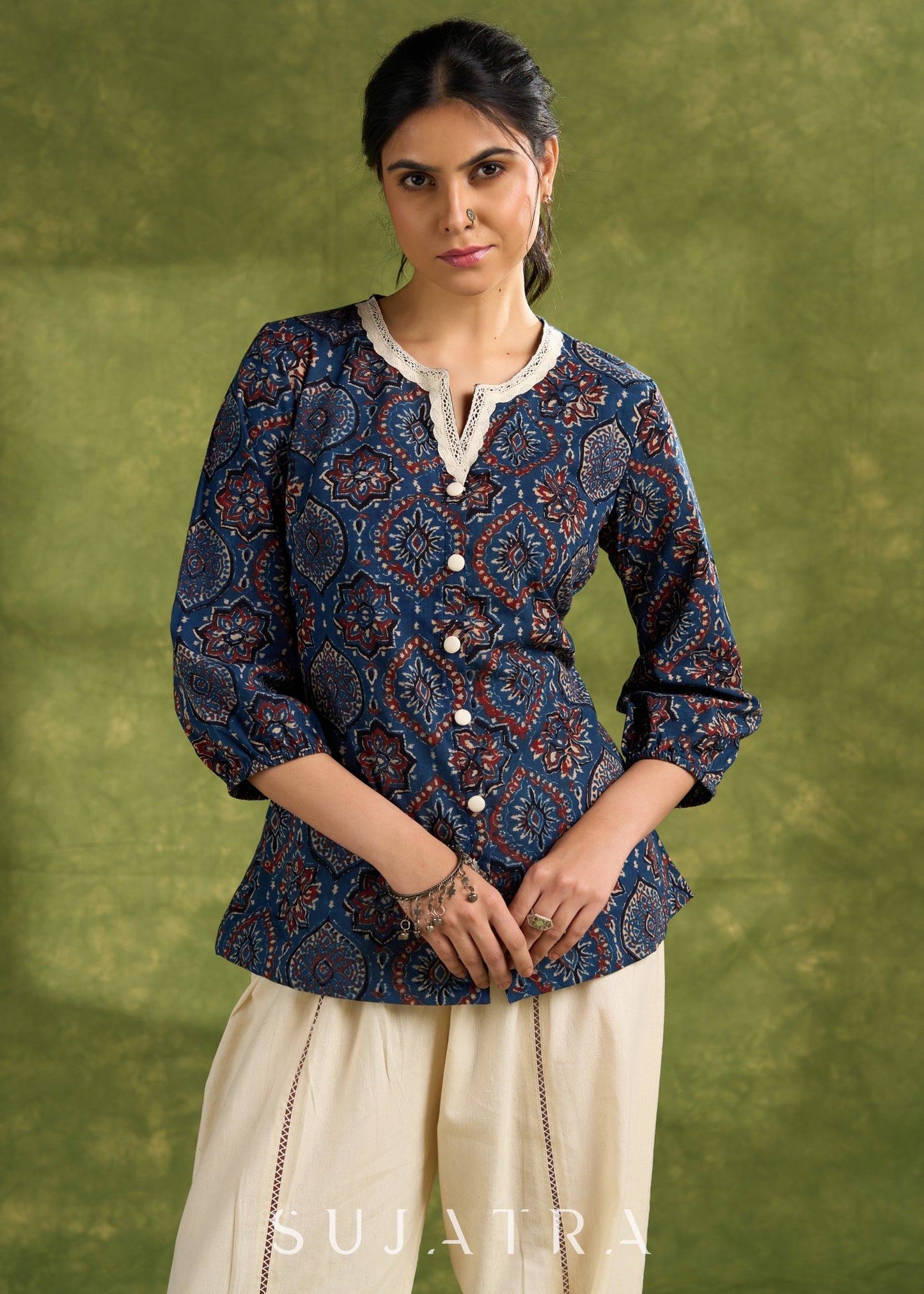 Blue Ajrakh Hand Blocked Cotton Top With Laces - Pant Optional