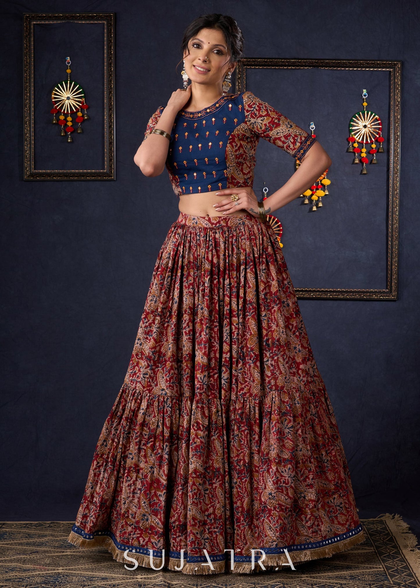 Evergreen Kalamkari Lehenga With Navy Blue Embroidered Blouse & Matching Dupatta.