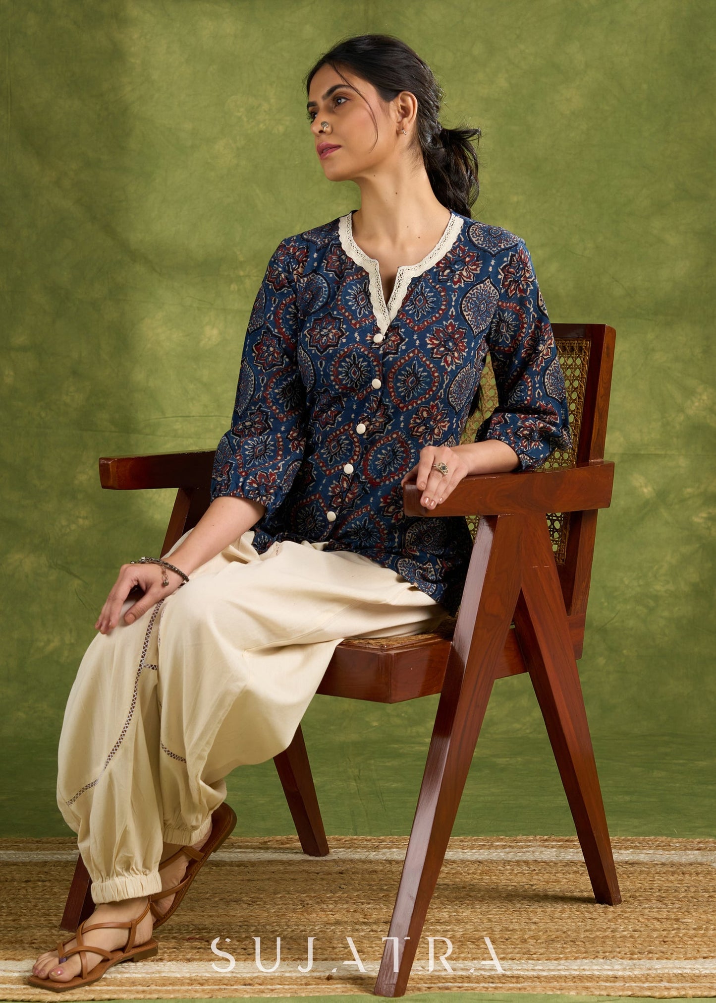 Blue Ajrakh Hand Blocked Cotton Top With Laces - Pant Optional