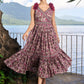 Graceful wine cotton floral printed dress with frill sleeves