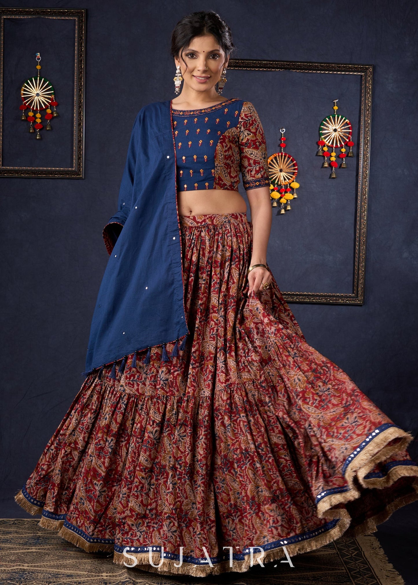 Evergreen Kalamkari Lehenga With Navy Blue Embroidered Blouse & Matching Dupatta.