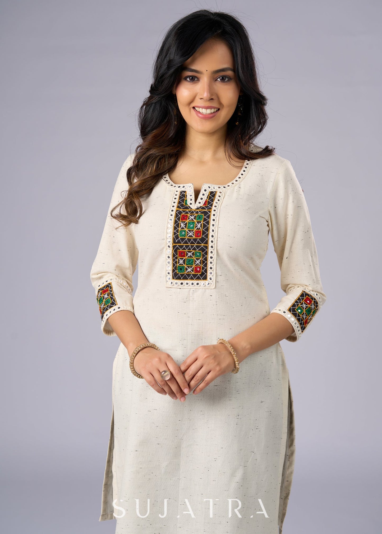 Elegant Off White Cotton Tunic with Intricate Mirror Patch Work