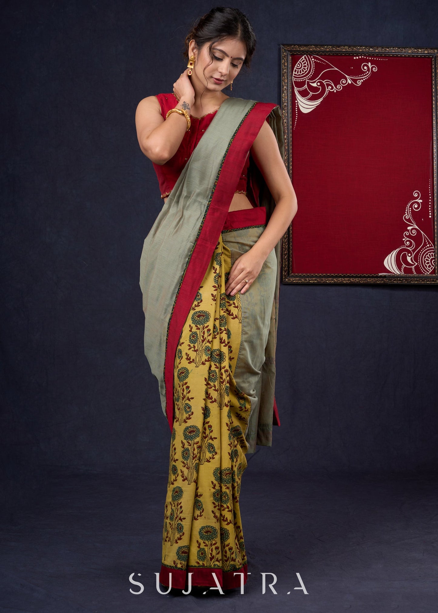 Stylish Chanderi & Hand block printed natural color Ajrakh Combination Designer Saree